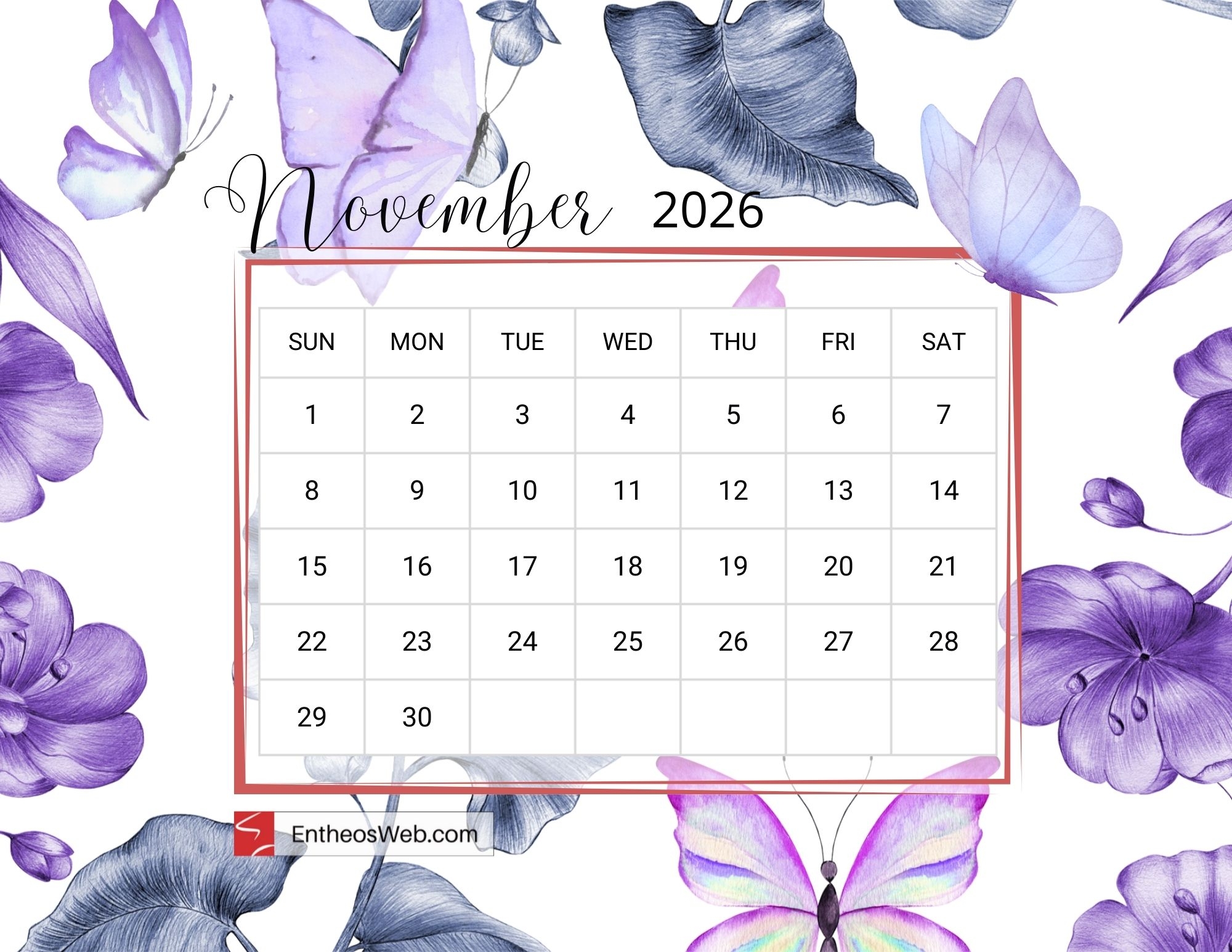 Butterfly Themed 2026 Printable Calendar EntheosWeb
