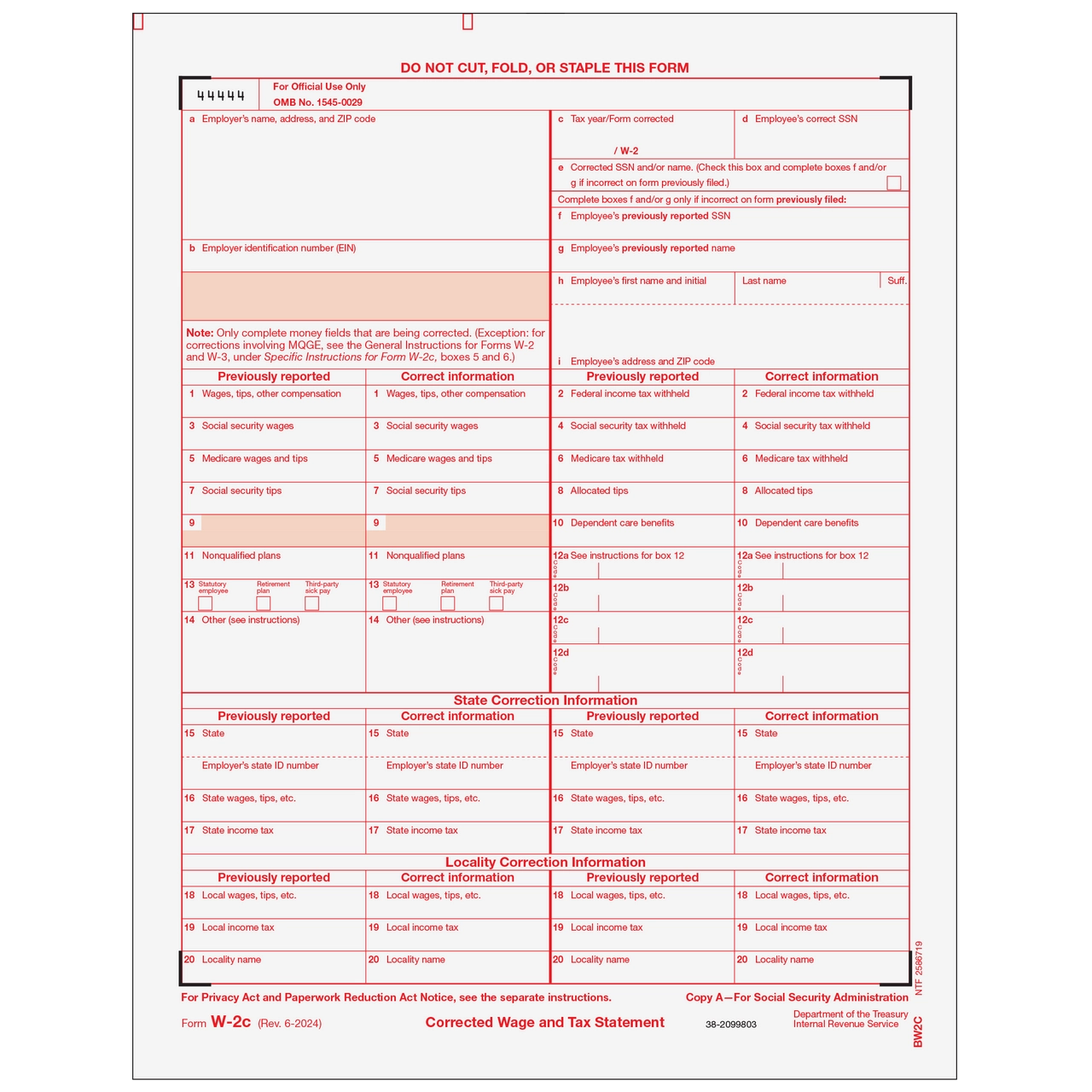 BW2C05 Form W 2C Corrected Federal IRS Copy A Greatland