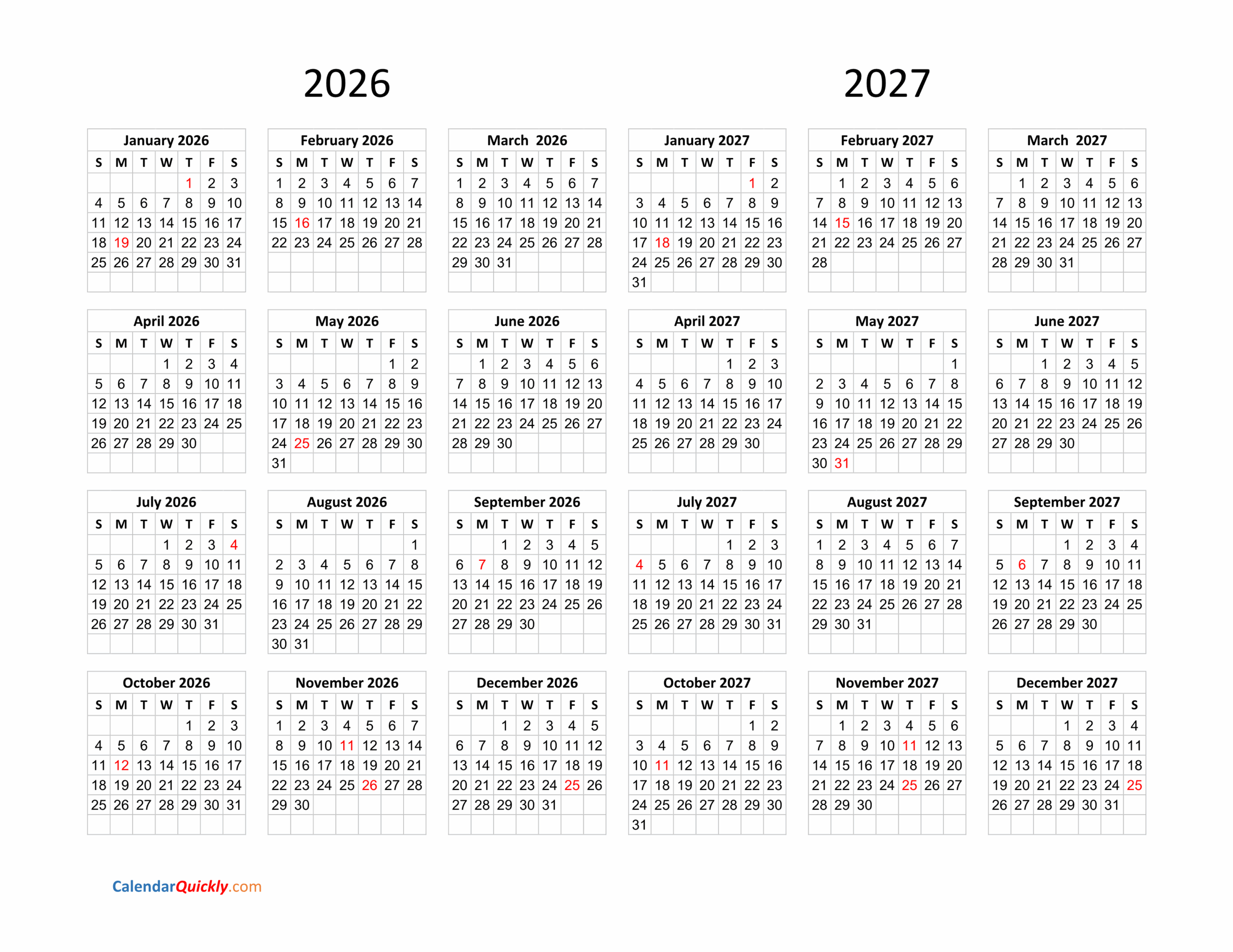 August 2026 November 2027 Calendar Printable