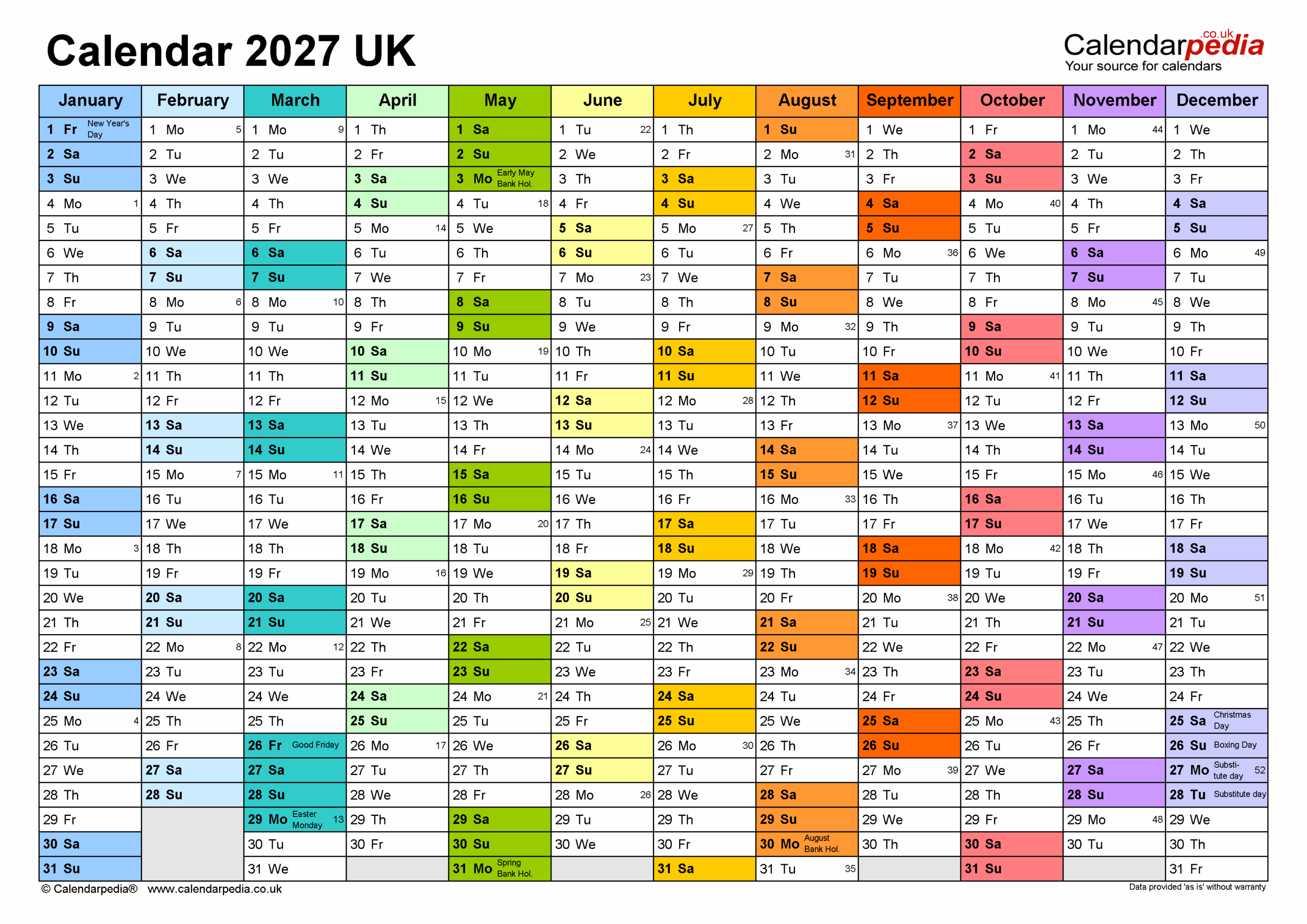 Calendar 2027 UK Free Printable PDF Templates