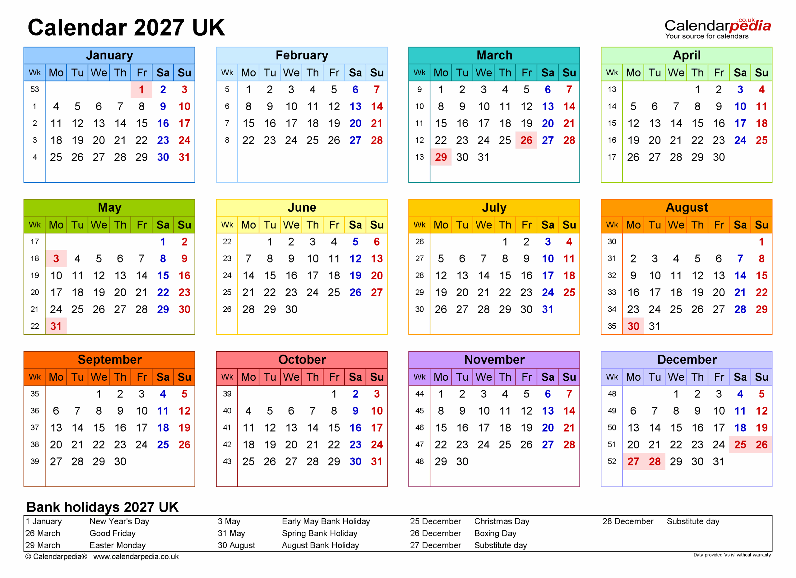 Calendar 2027 UK Free Printable PDF Templates
