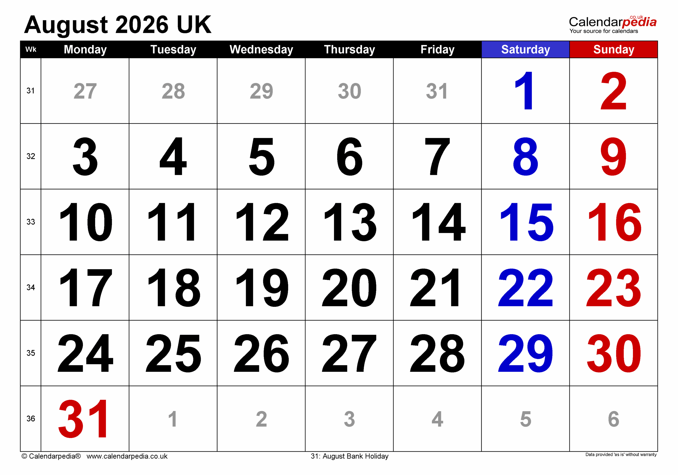 Blank August Calendar 2026 Printable Free
