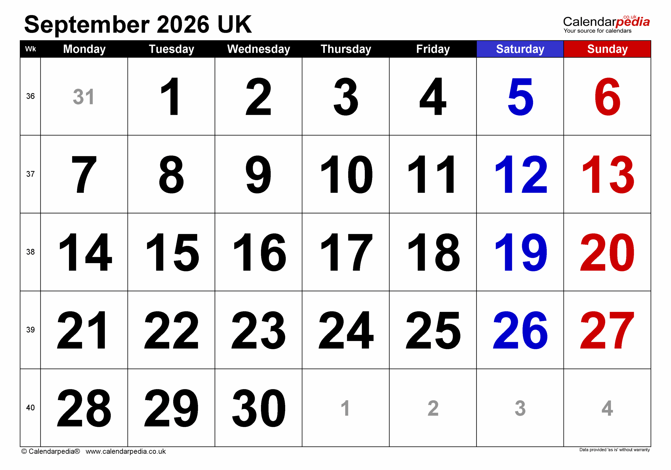 Calendar September 2026 UK With PDF Excel And Word Templates