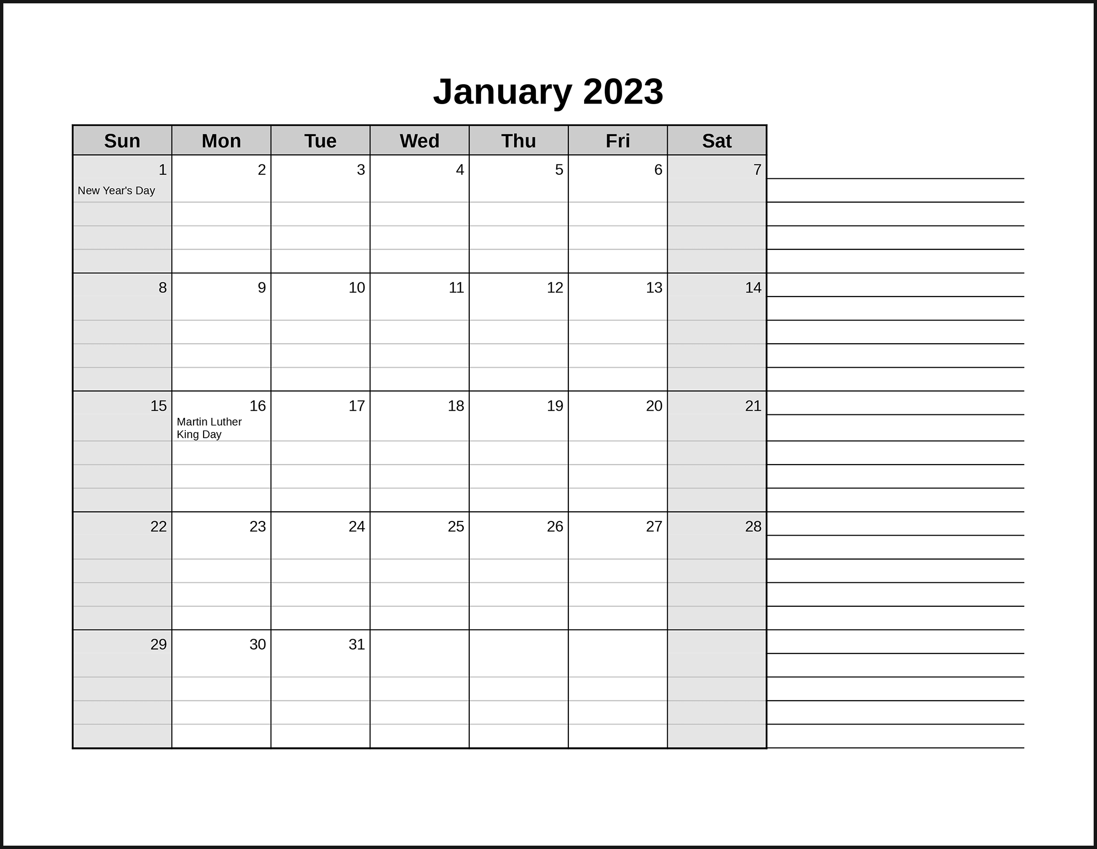 Blank Calendar With Notes Printable