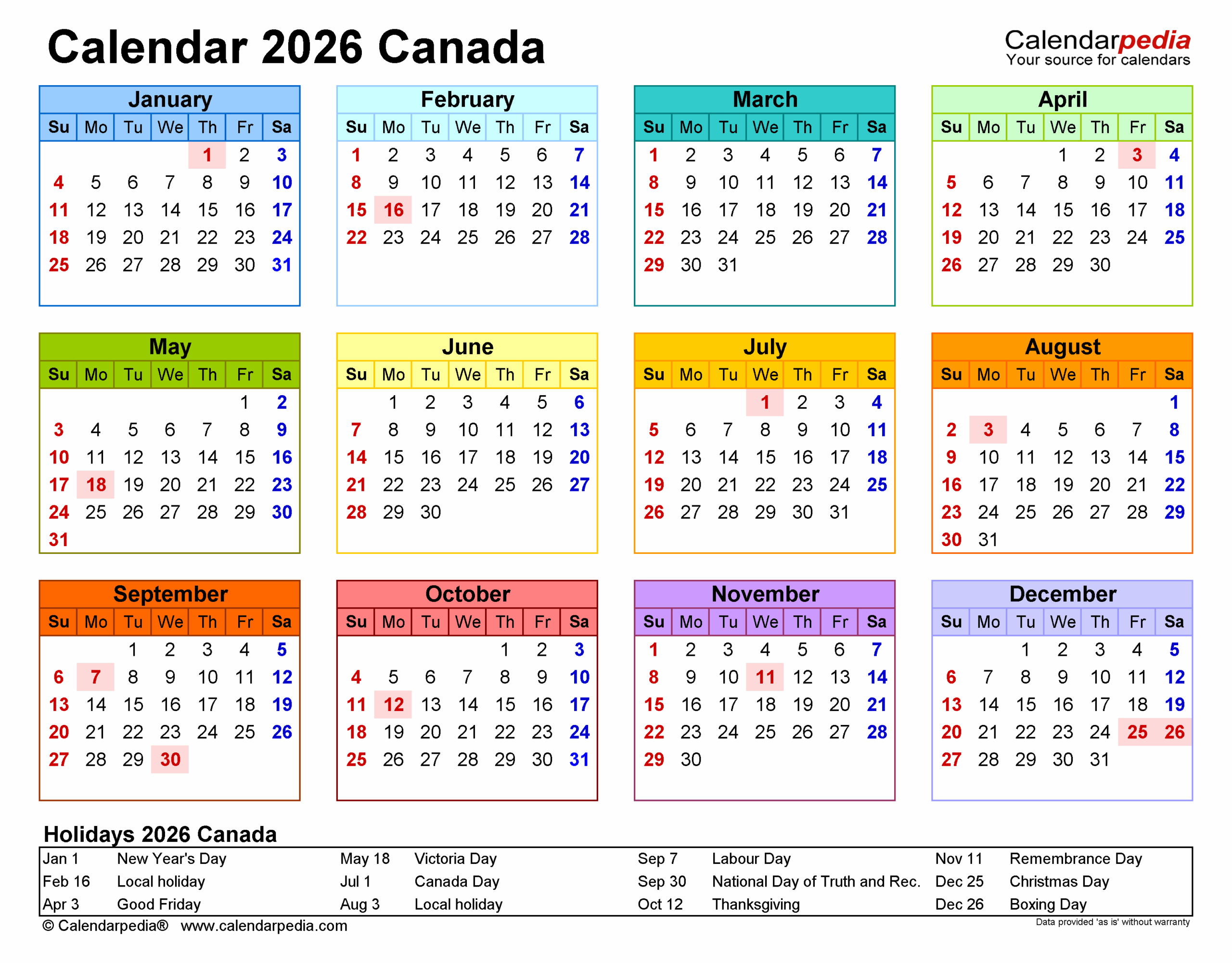 Canada Calendar 2026 Free Printable Excel Templates