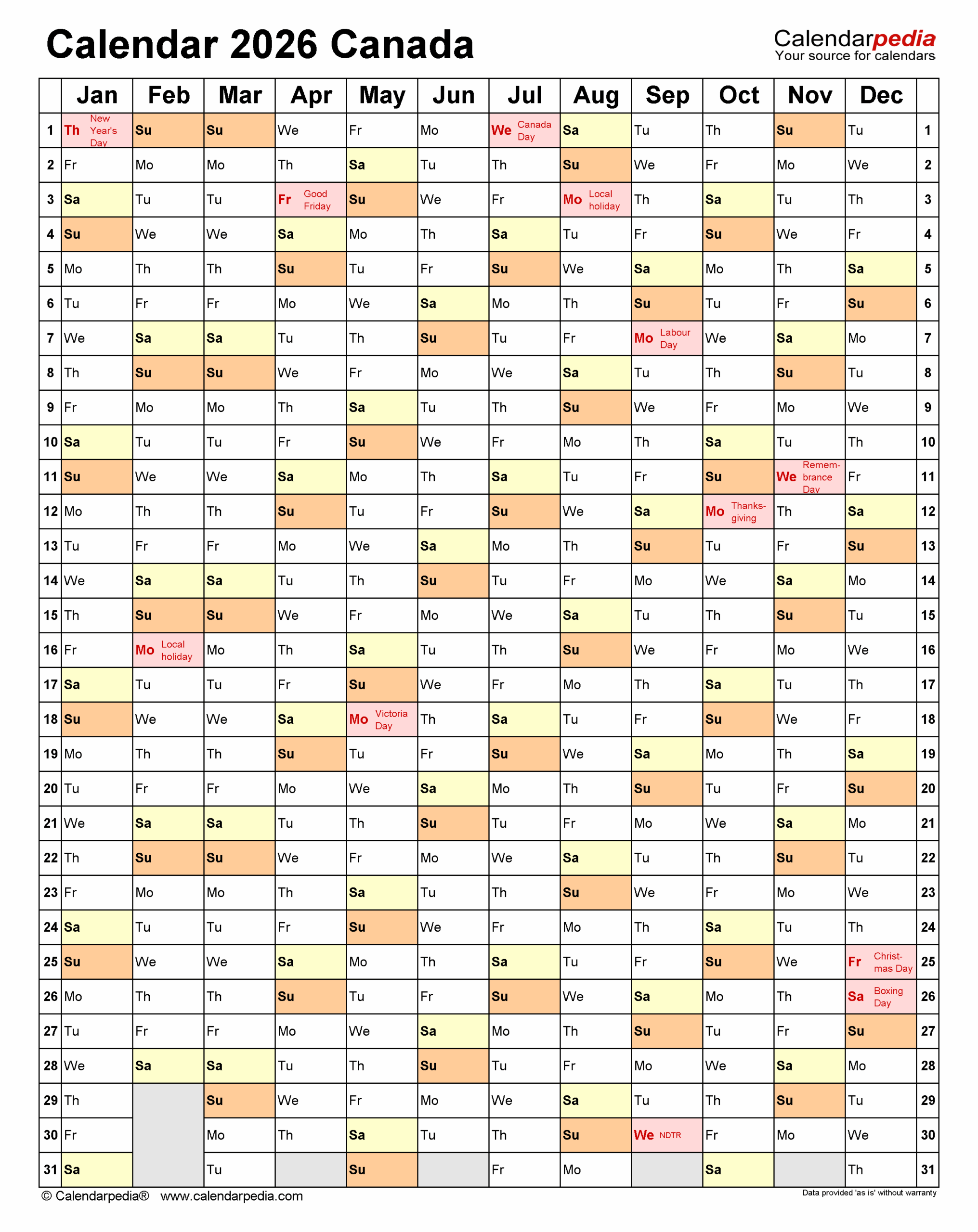 Canada Calendar 2026 Free Printable Excel Templates