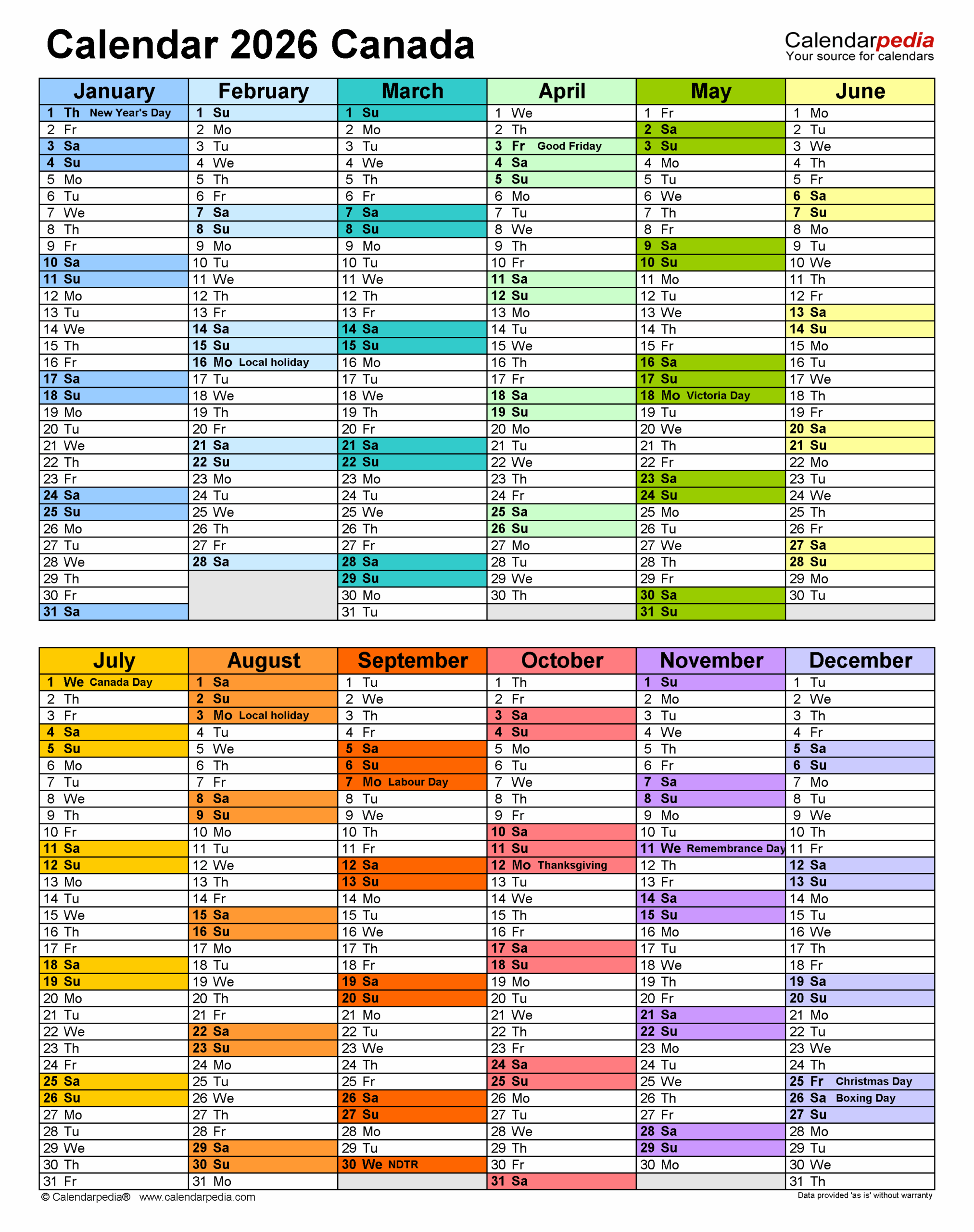 Canada Calendar 2026 Free Printable Excel Templates