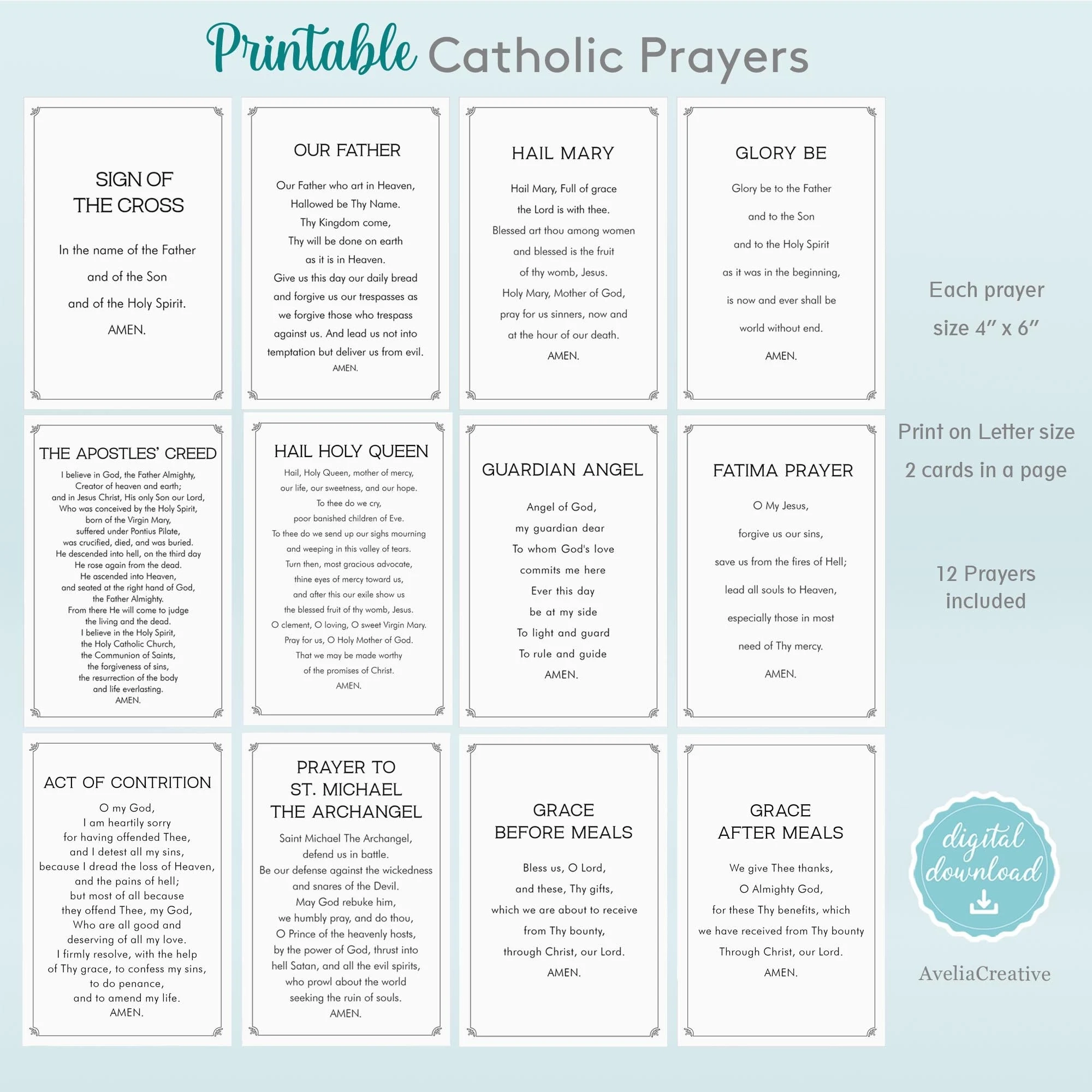 Catholic Prayers Card Bundle Instant Download Printable Catholic 