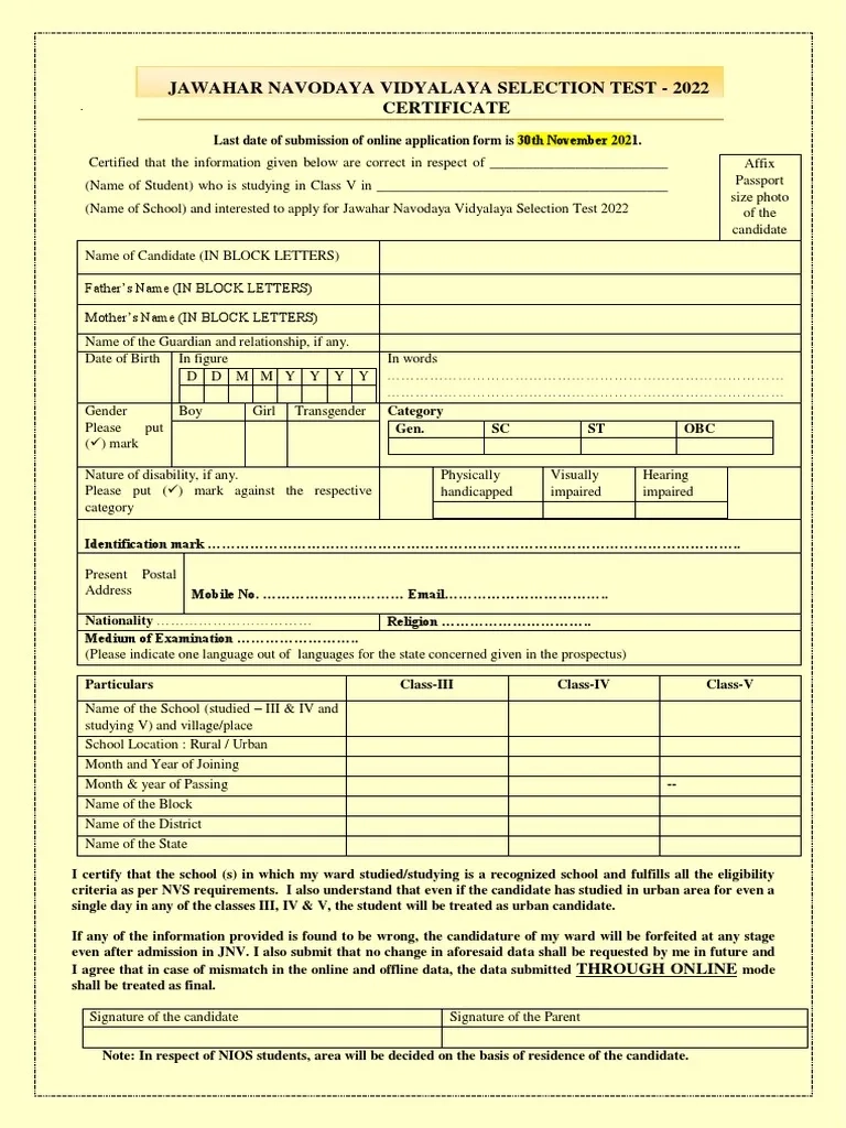 Navodaya Class 6 Admission Form 2026