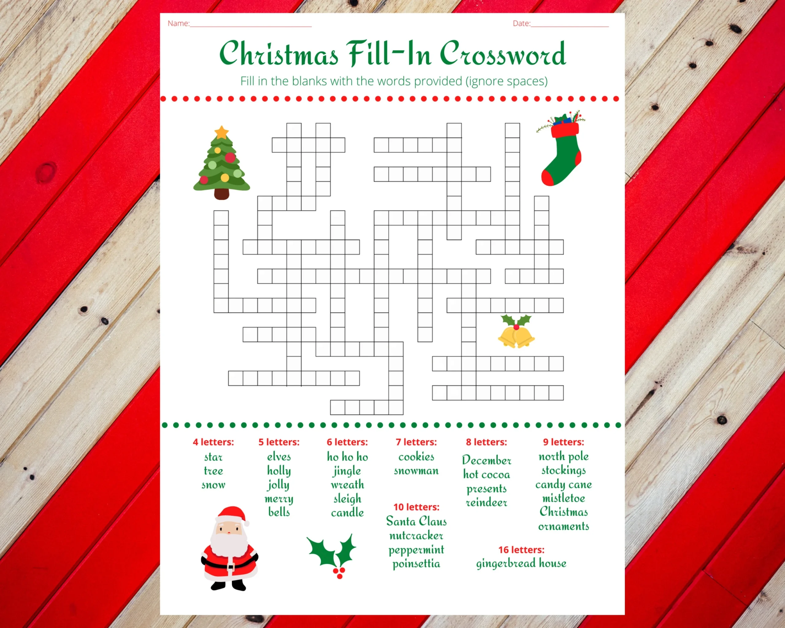 Christmas Holiday Fill In Crossword Puzzle Worksheet DIGITAL 