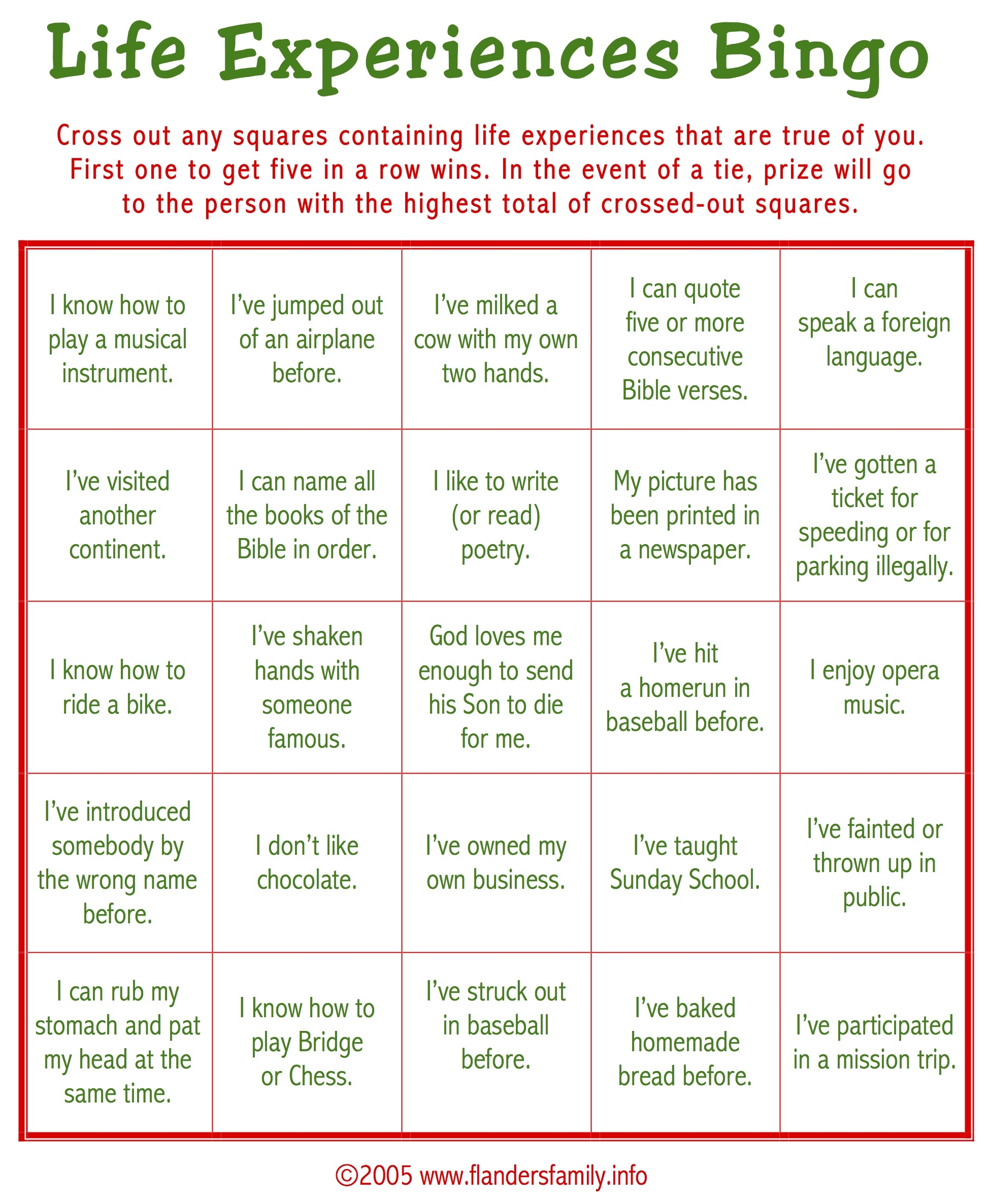 Christmas Ice Breaker BINGO Free Printable Flanders Family 