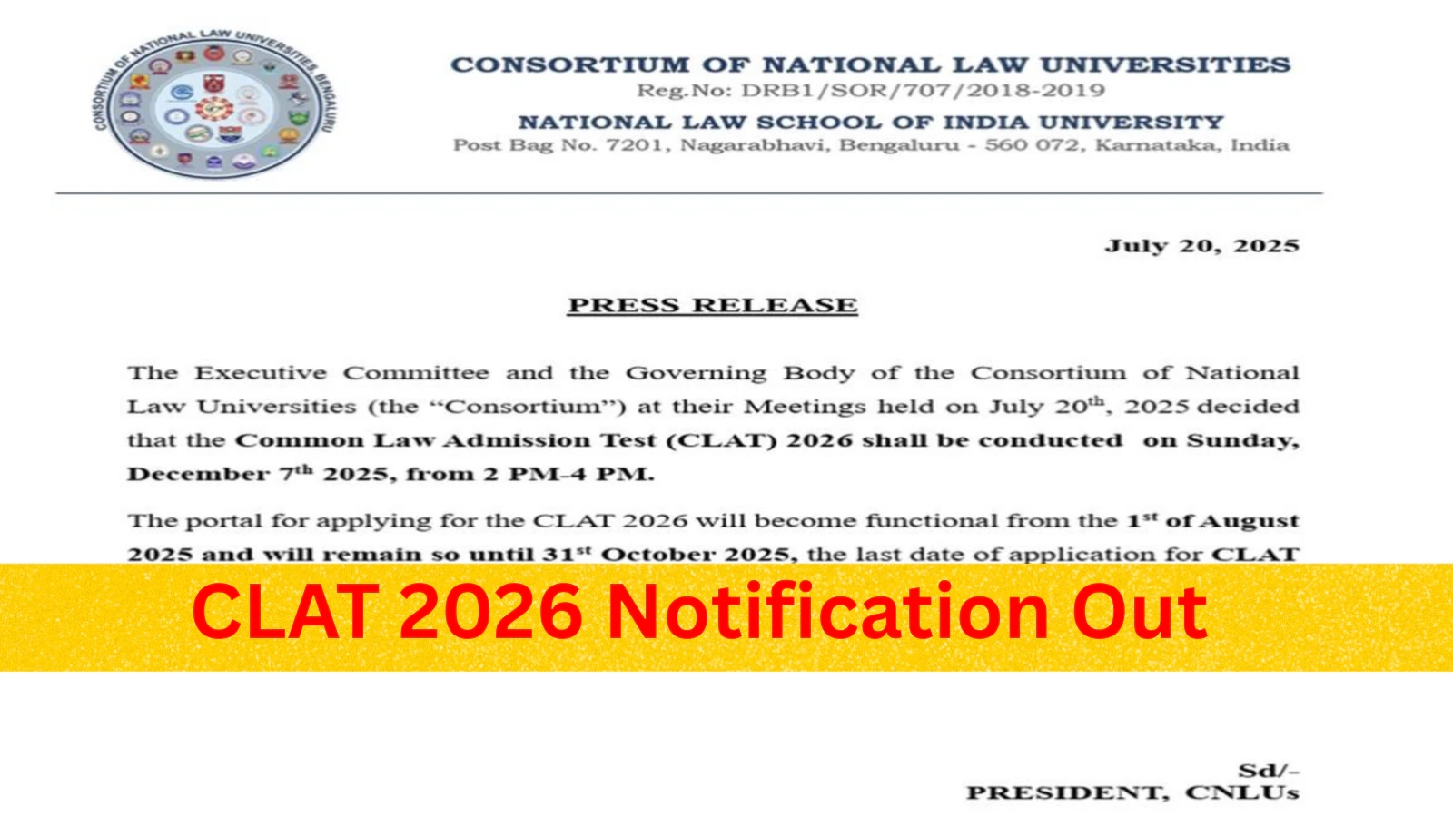 clat 2026 exam date announced registration starts on august 1