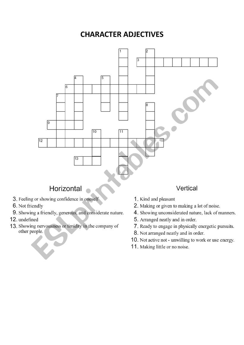 Crossword Puzzle Character Adjectives ESL Worksheet By Liliana m