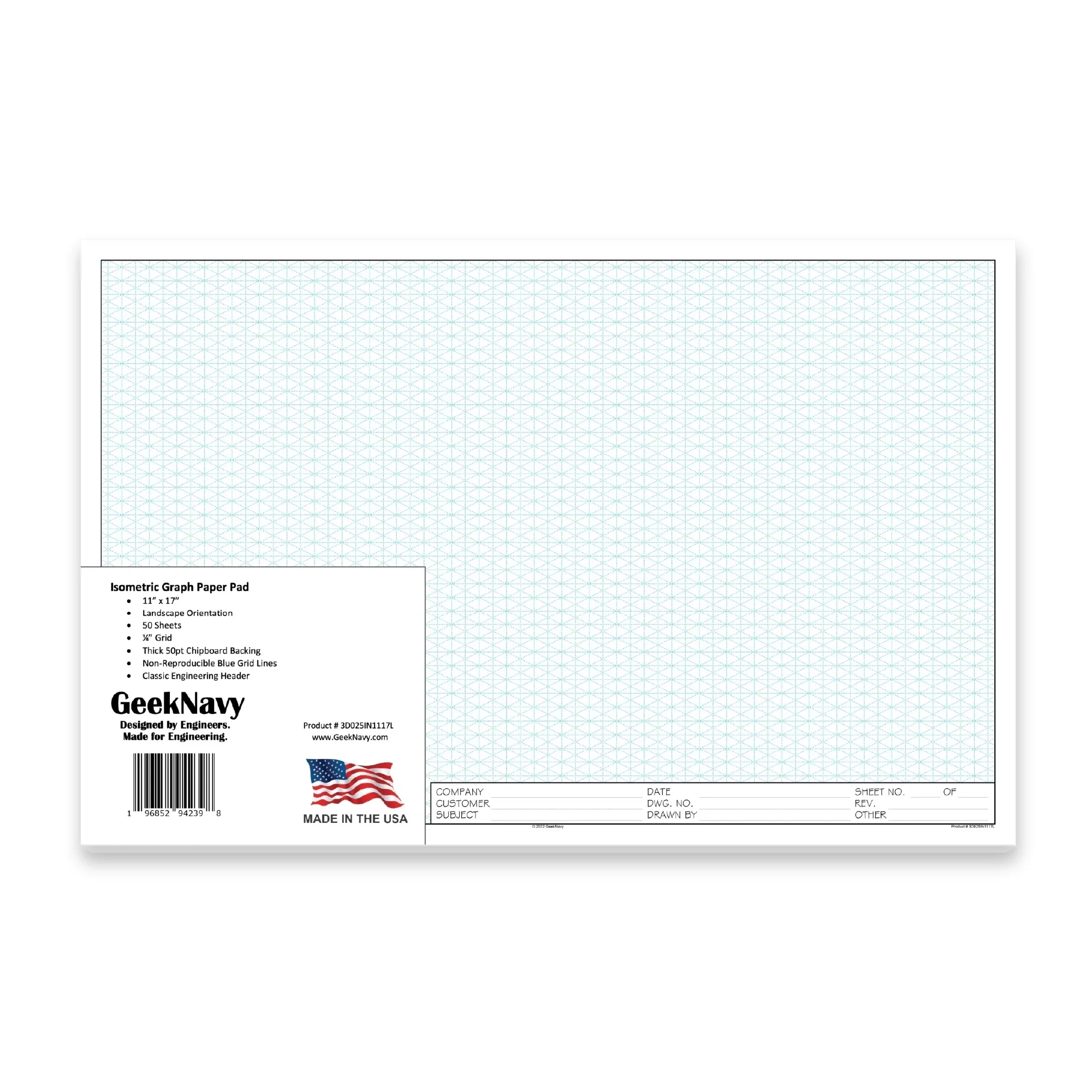 CUSTOM LOGO GeekNavy Isometric Grid Graph Paper Pad 11 X 17 Landscape 10 Pack