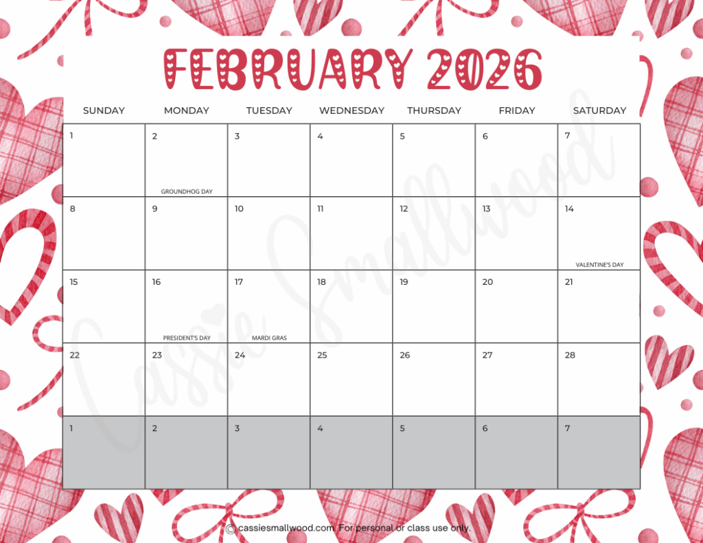 Cute Free Printable 2026 Monthly Calendar Blank amp With Holidays 