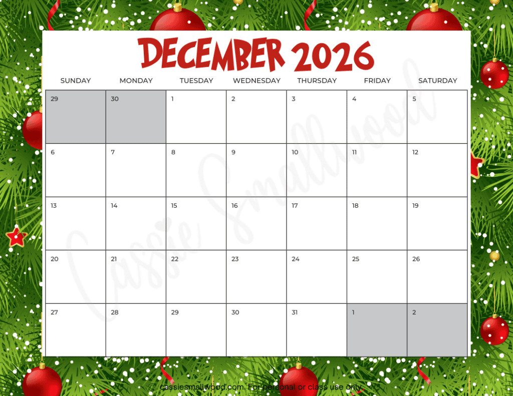 Monthly Printable December 2026 Calendar