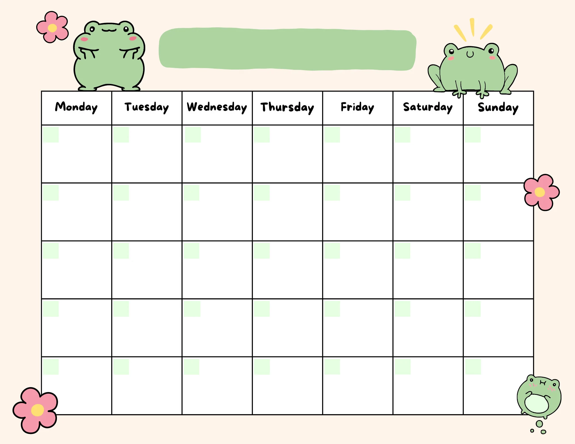Cute Frog Open Printable Calendar Digital Download Calendar 