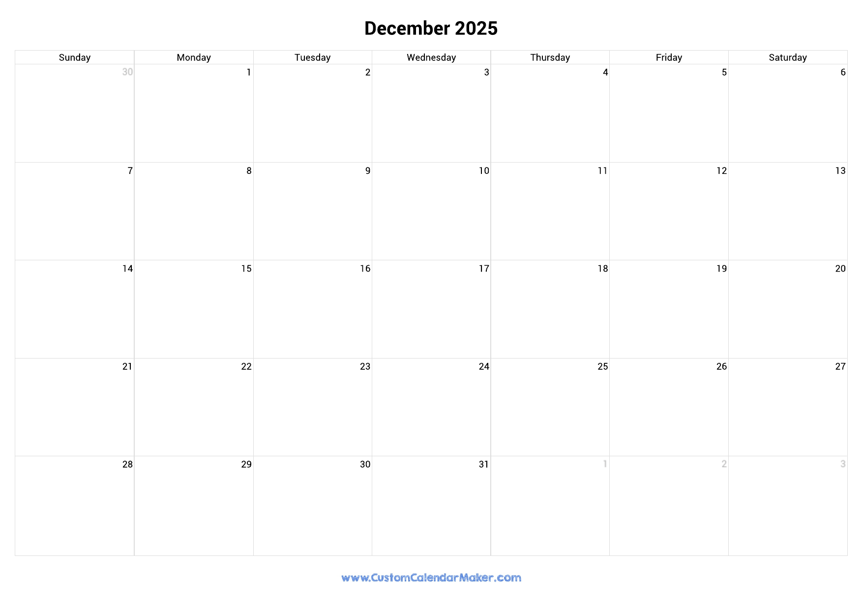 December 2025 Landscape Calendar With Large Boxes Custom 