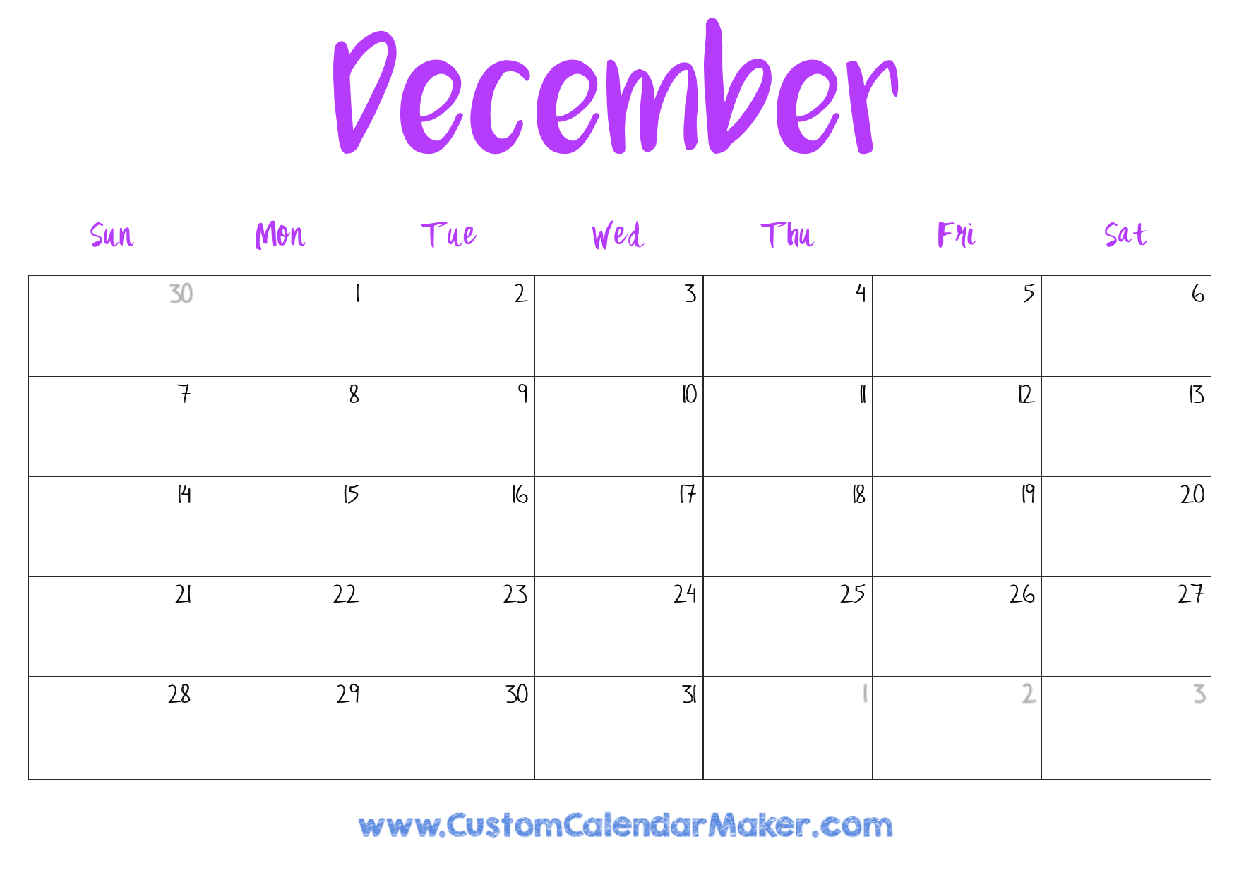 December Printable Calendar Large Print