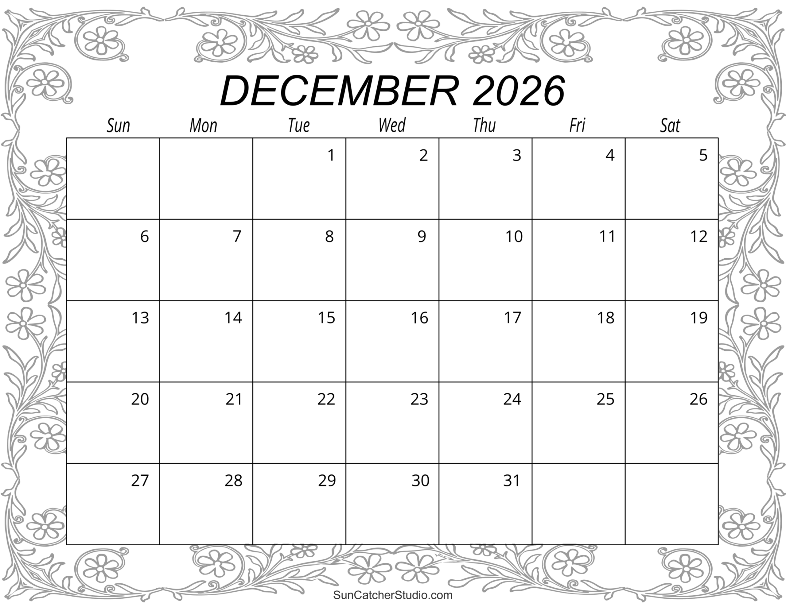 Blank December 2026 Portrait Calendar Printable