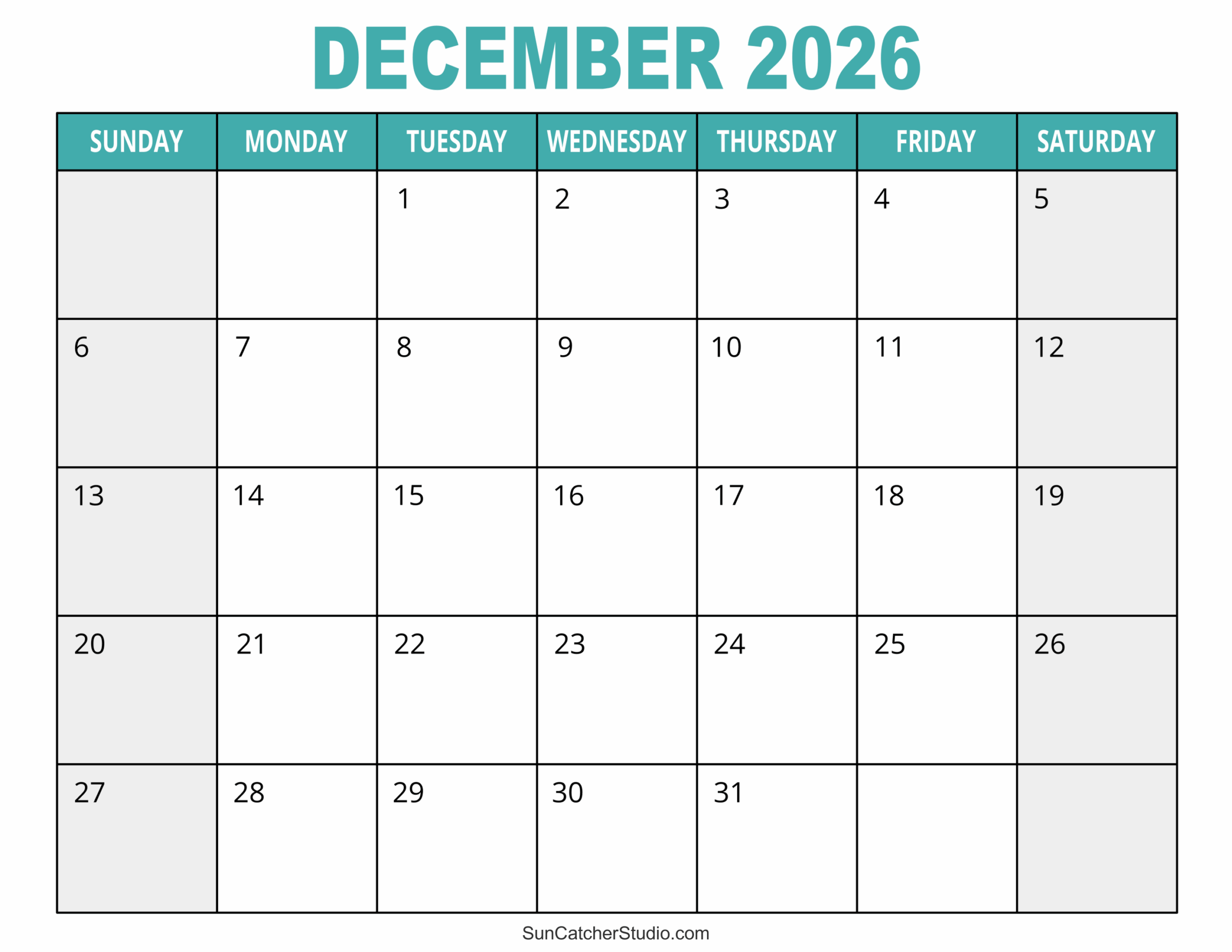 Printable Color December 2026 Calendar