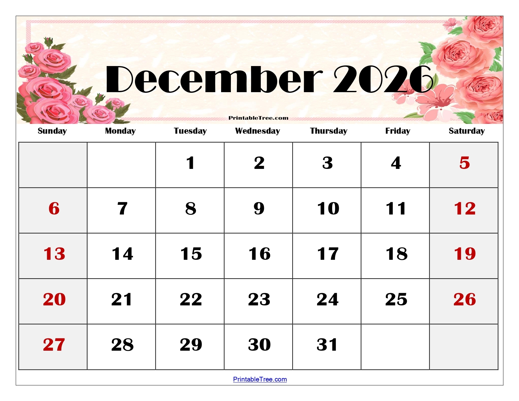 Printable Free Monthly Calendar December 2026