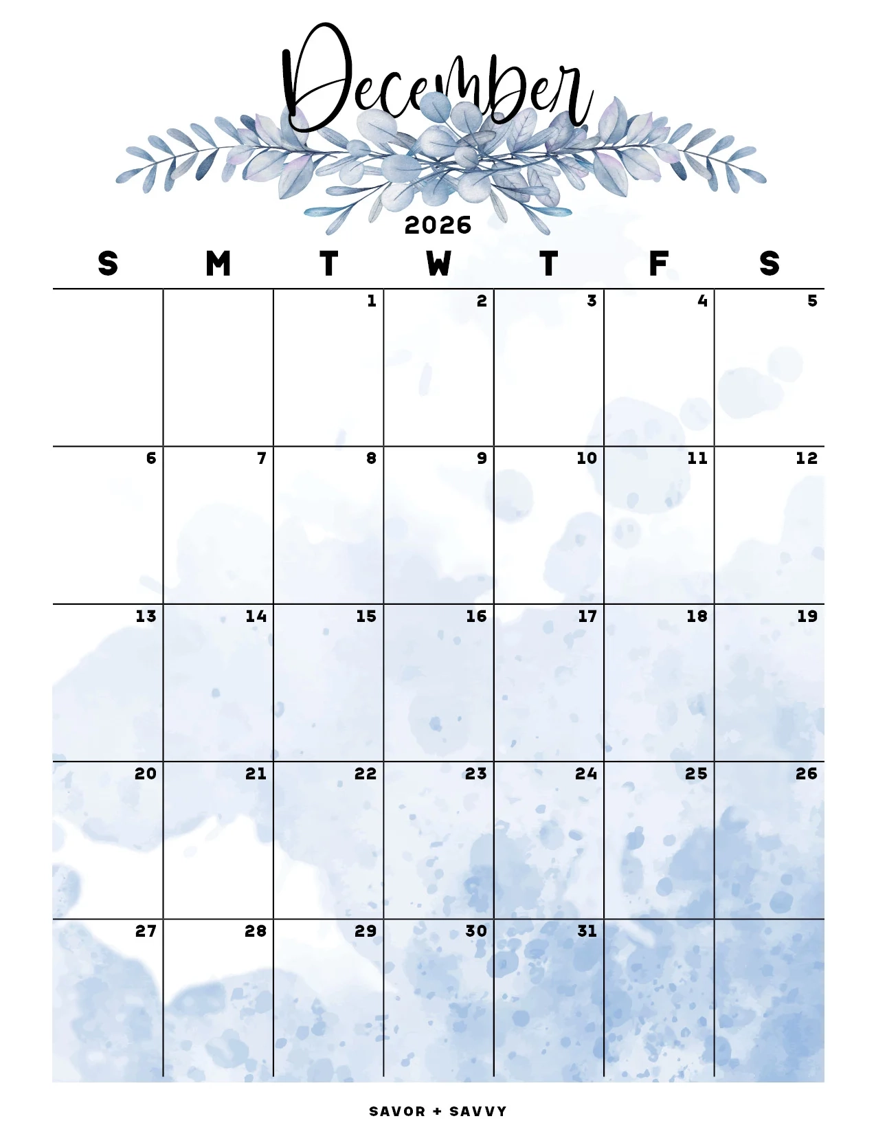 December 2026 Printable Calendar Large Boxes