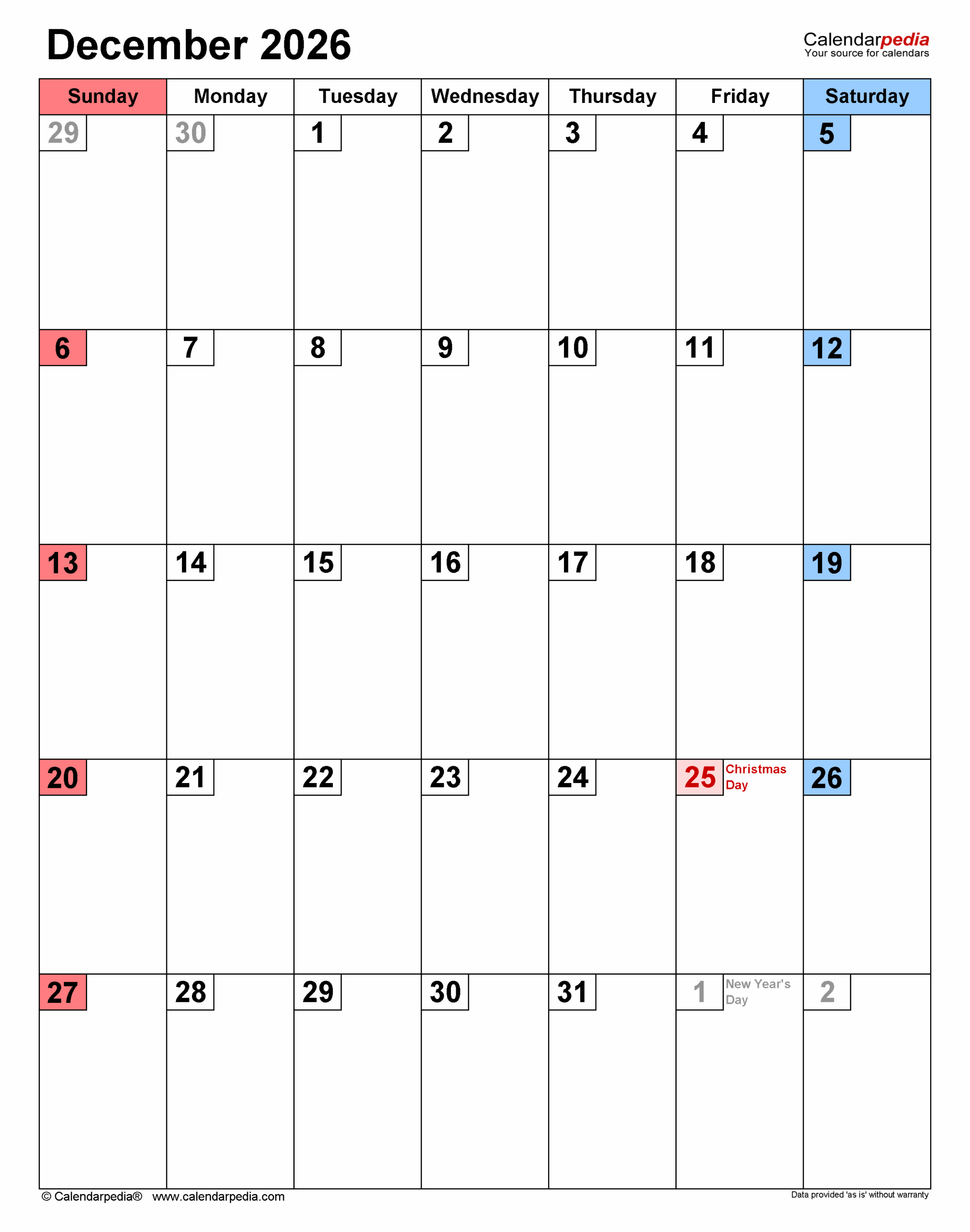 December 2026 Calendar Templates For PDF Excel And Word