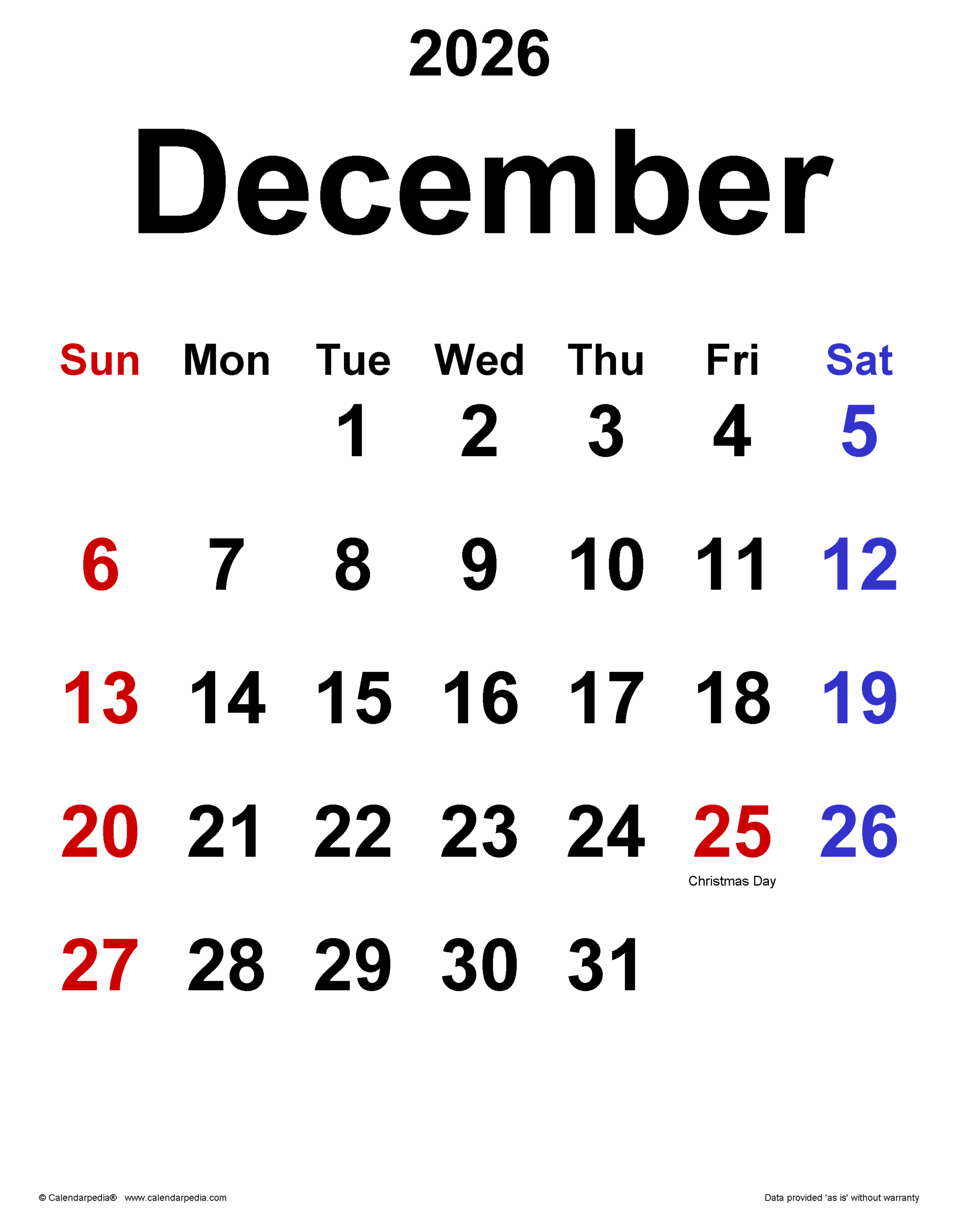 Printable Business Calendar December 2026