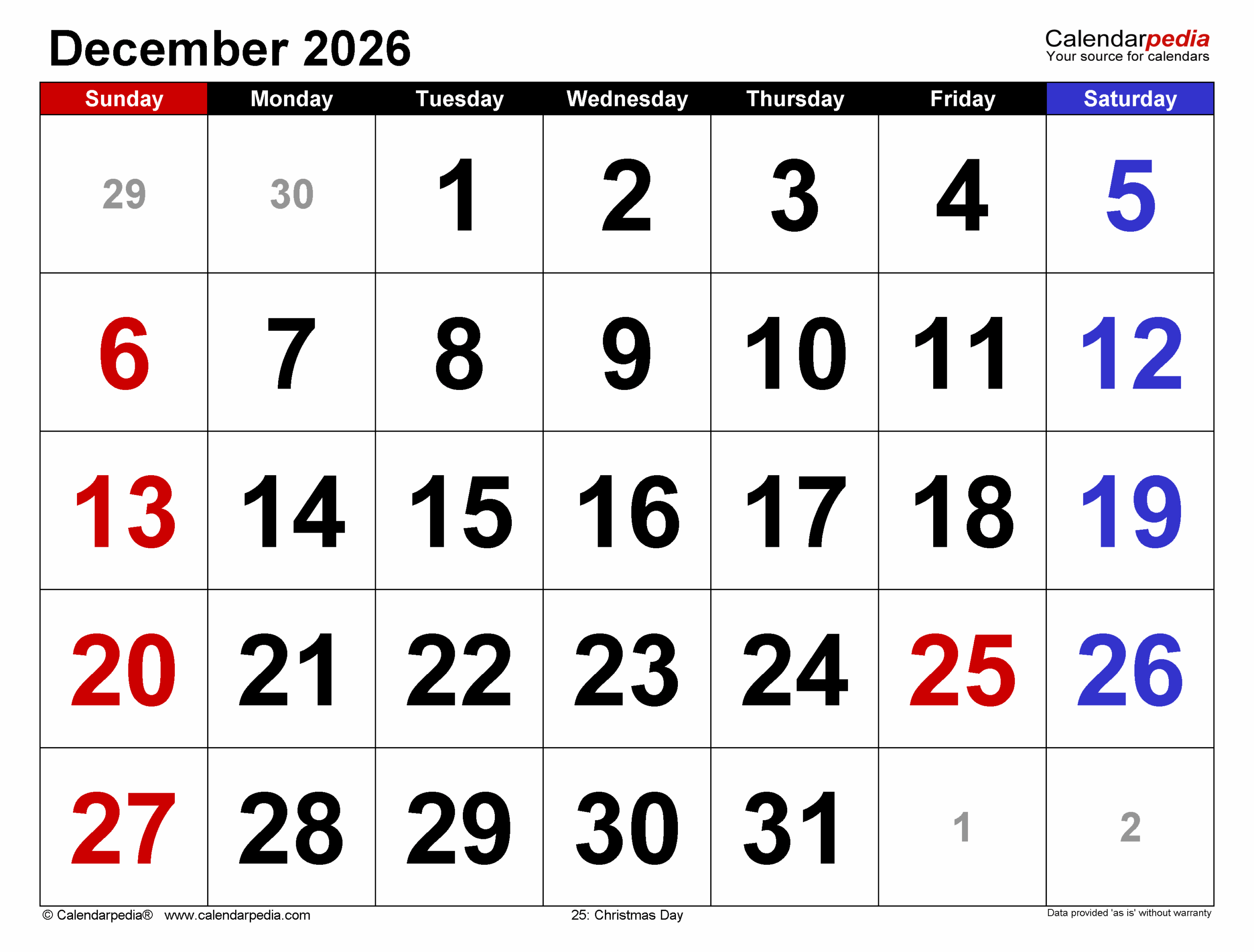 Simple Calendar Printable December 2026