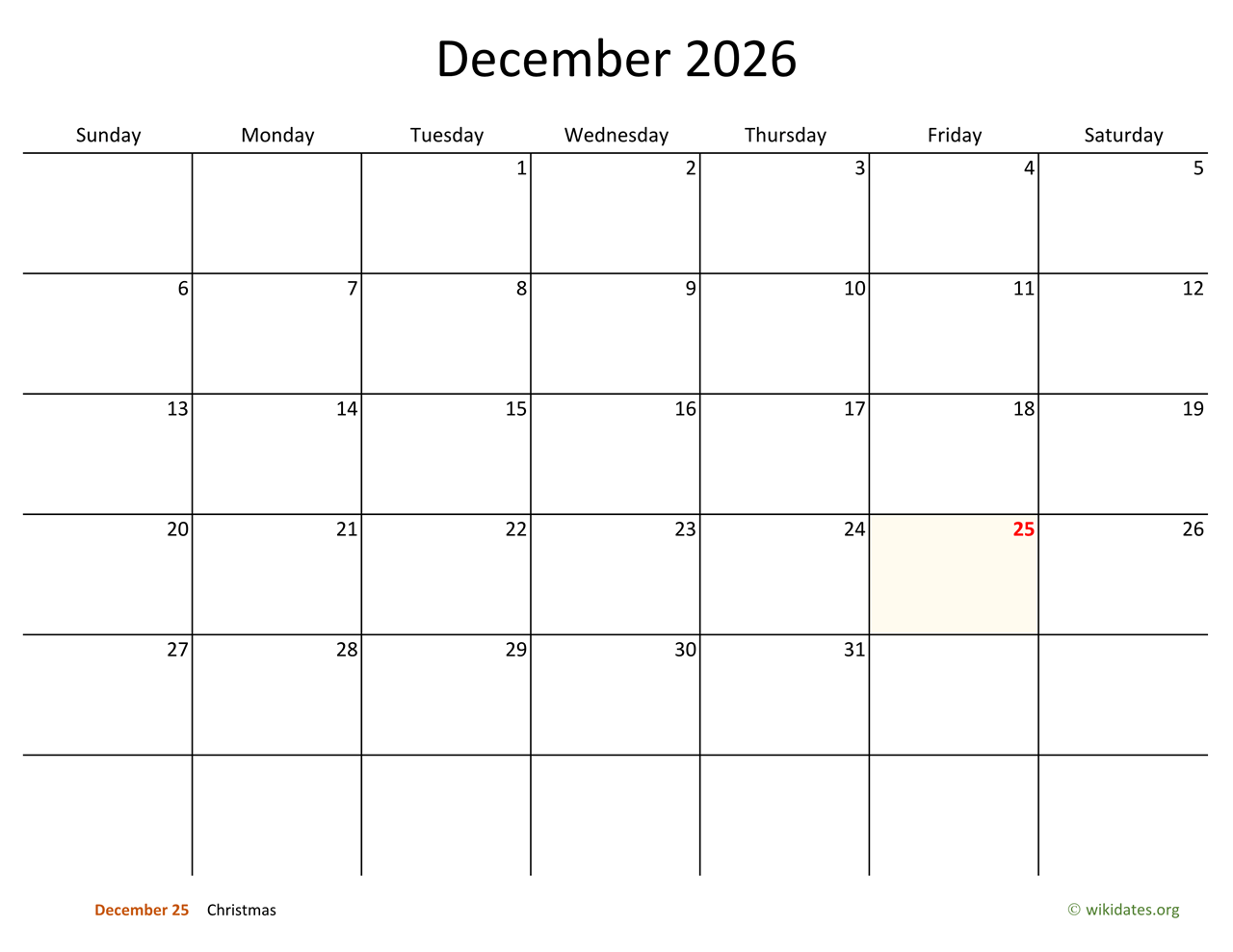 December 2026 Calendar With Bigger Boxes WikiDates