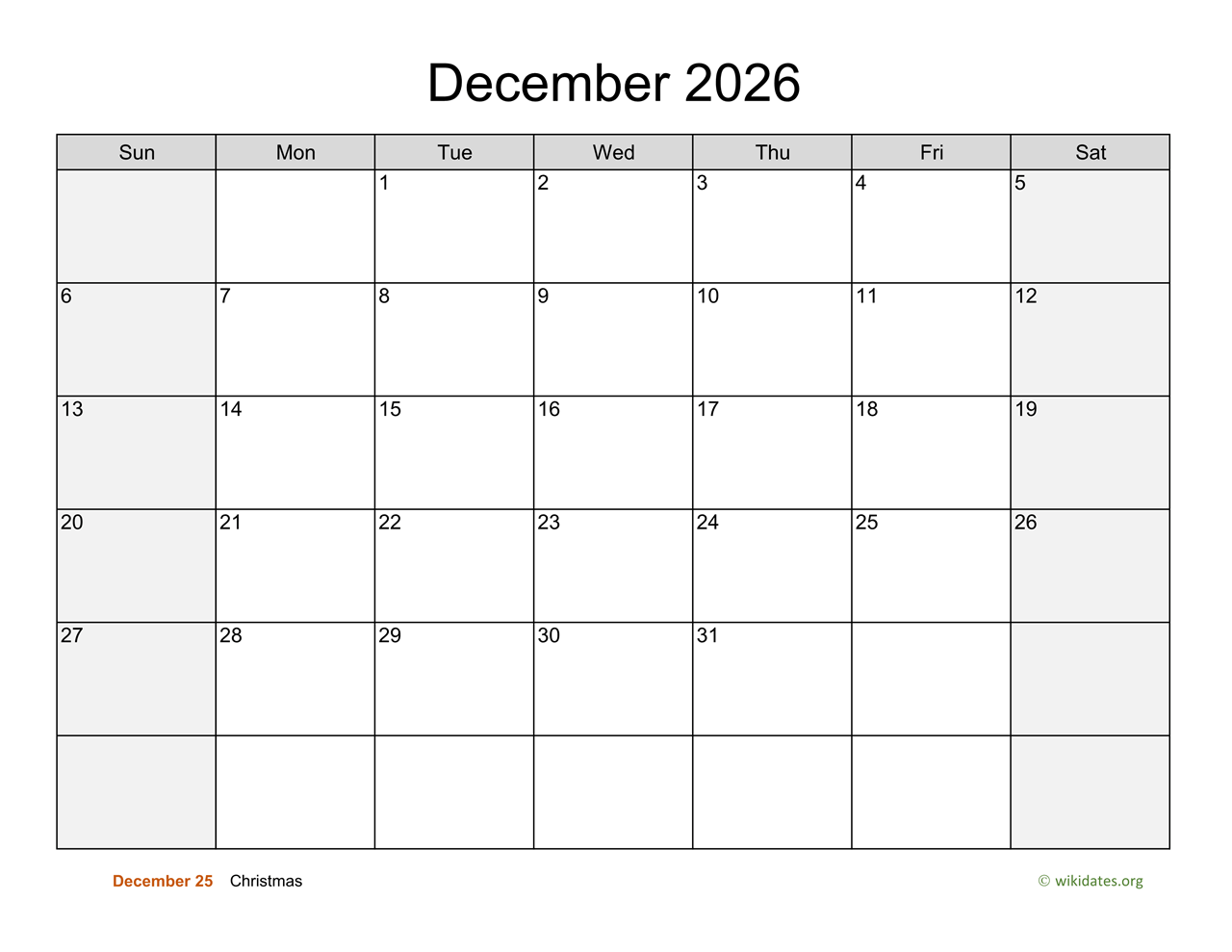 December 2026 Calendar With Weekend Shaded WikiDates