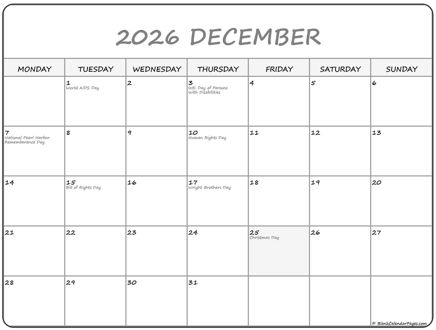 December 2026 Monday Calendar Monday To Sunday