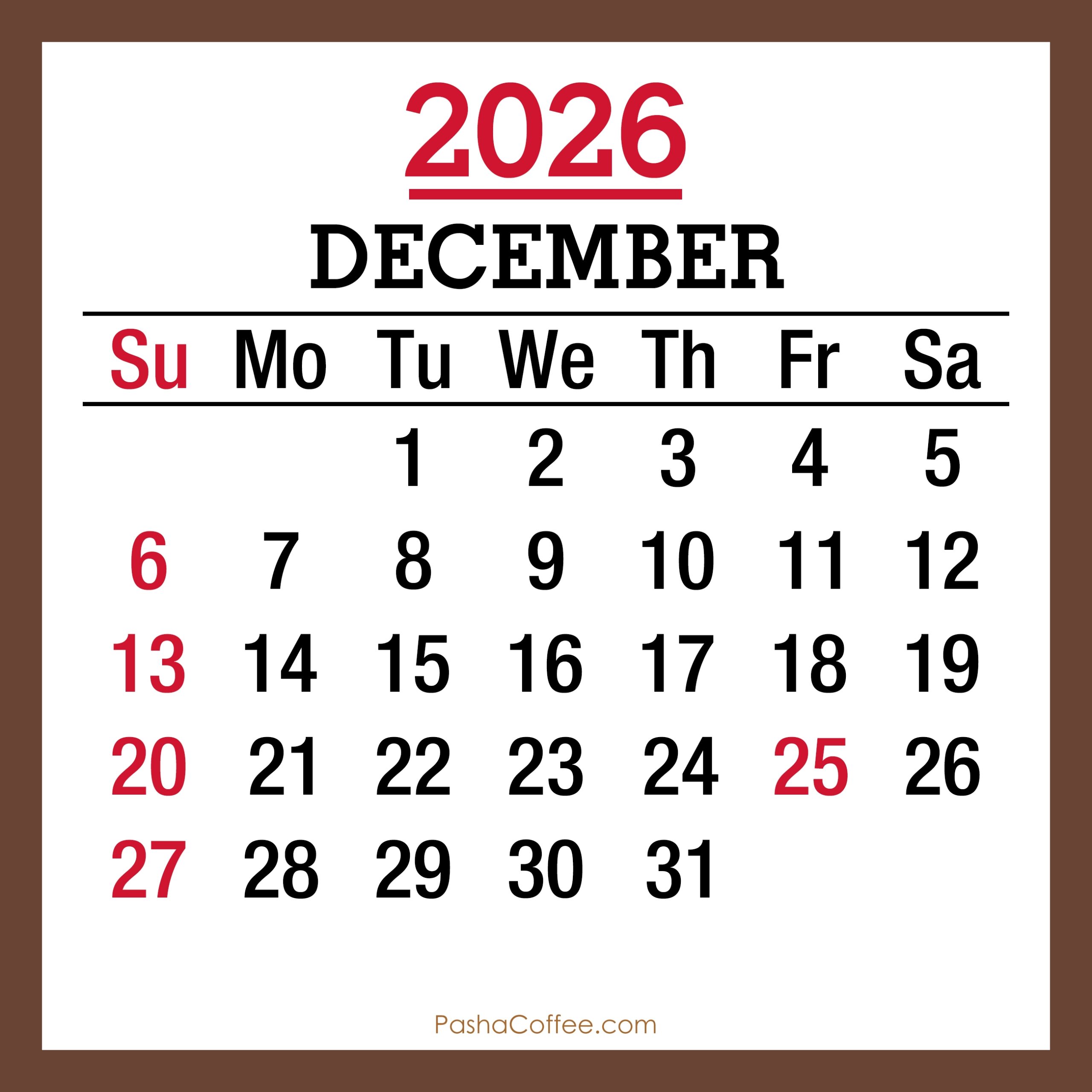 December 2026 Monthly Calendar With Holidays Printable Free 