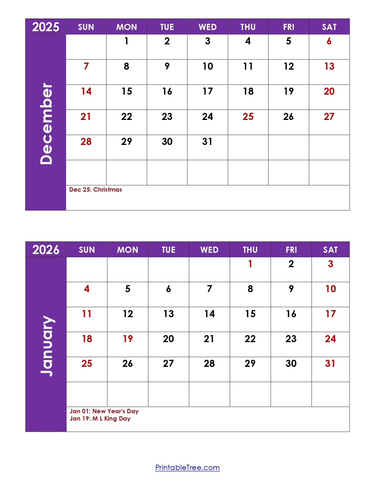 Printable Calendar December January