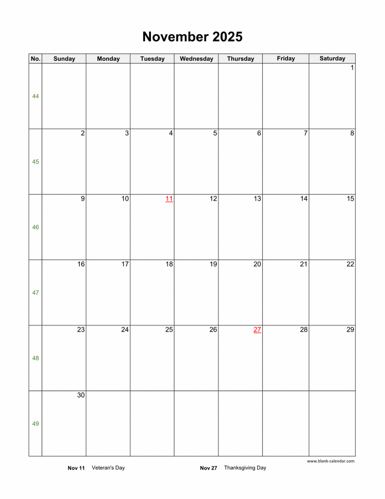 Download November 2025 Blank Calendar With US Holidays vertical 