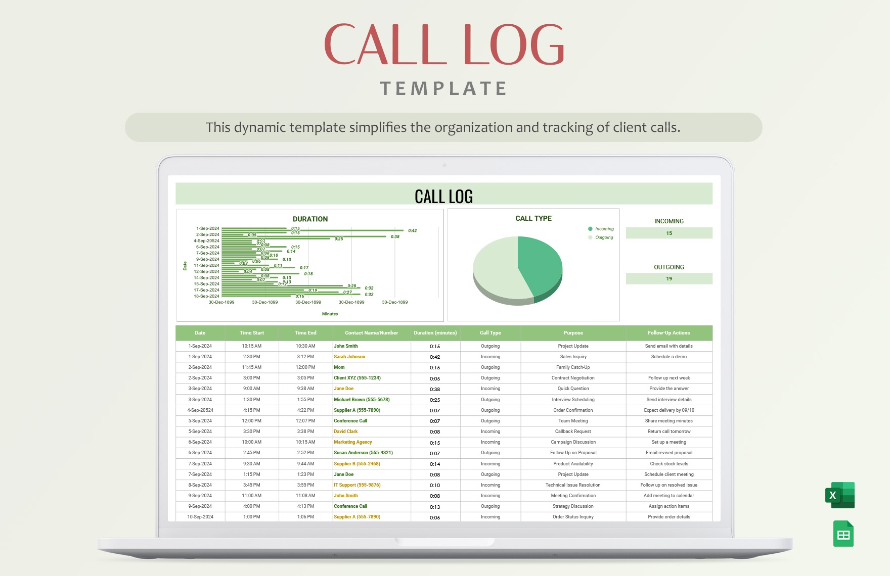 Excel Printable Call Log Template