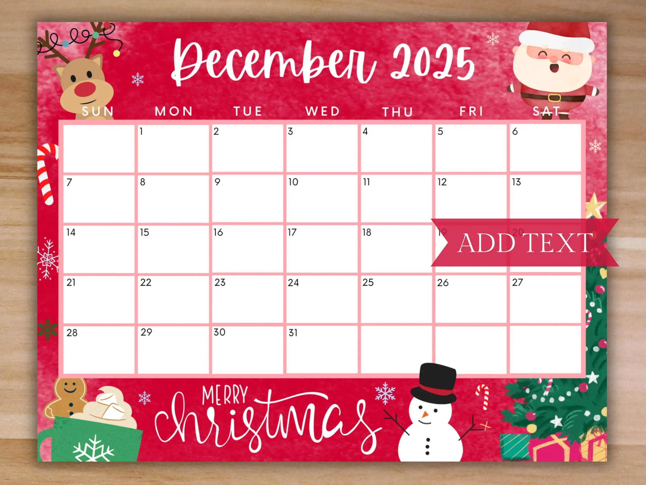 Editable December 2025 Calendar Printable Festive Holiday 