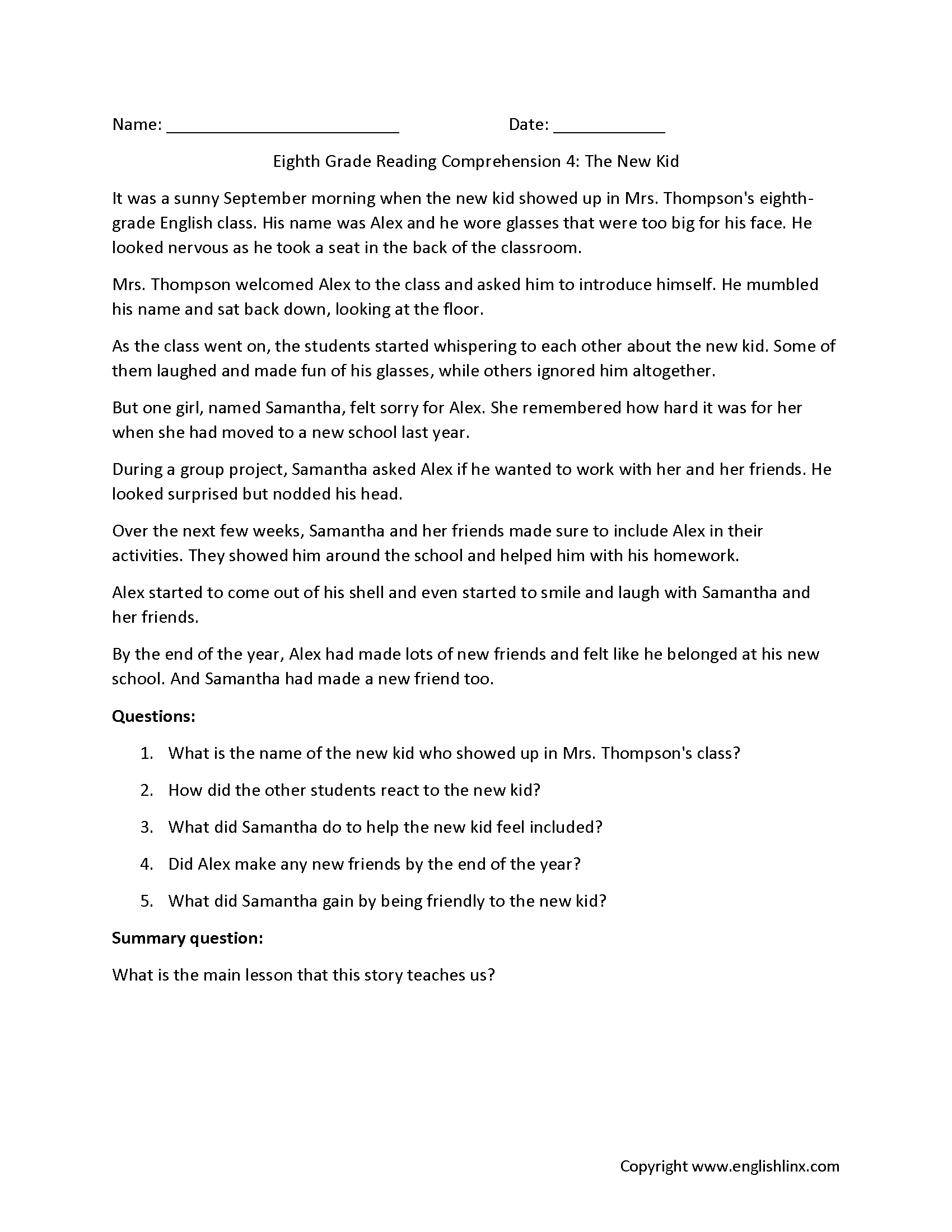 Free 8th Grade Reading Worksheets Printable