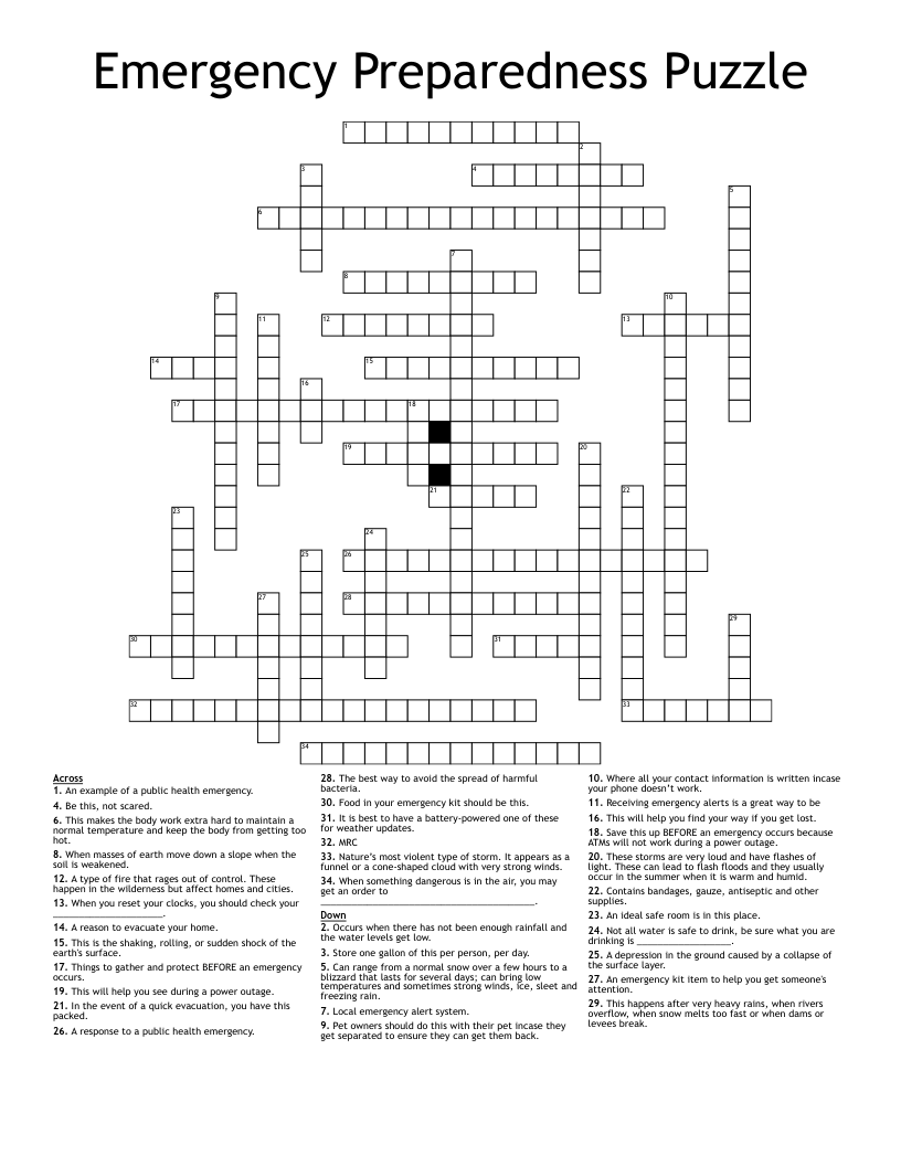 Emergency Preparedness Puzzle Crossword WordMint
