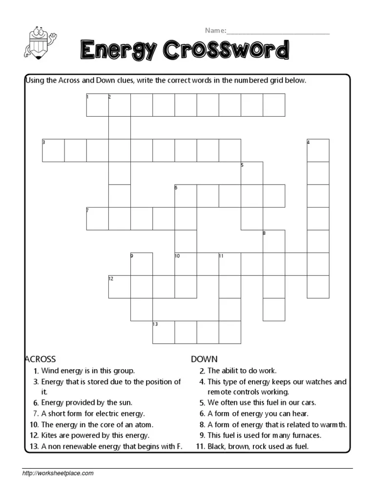 Energy Crossword For Students PDF Fuels Crossword
