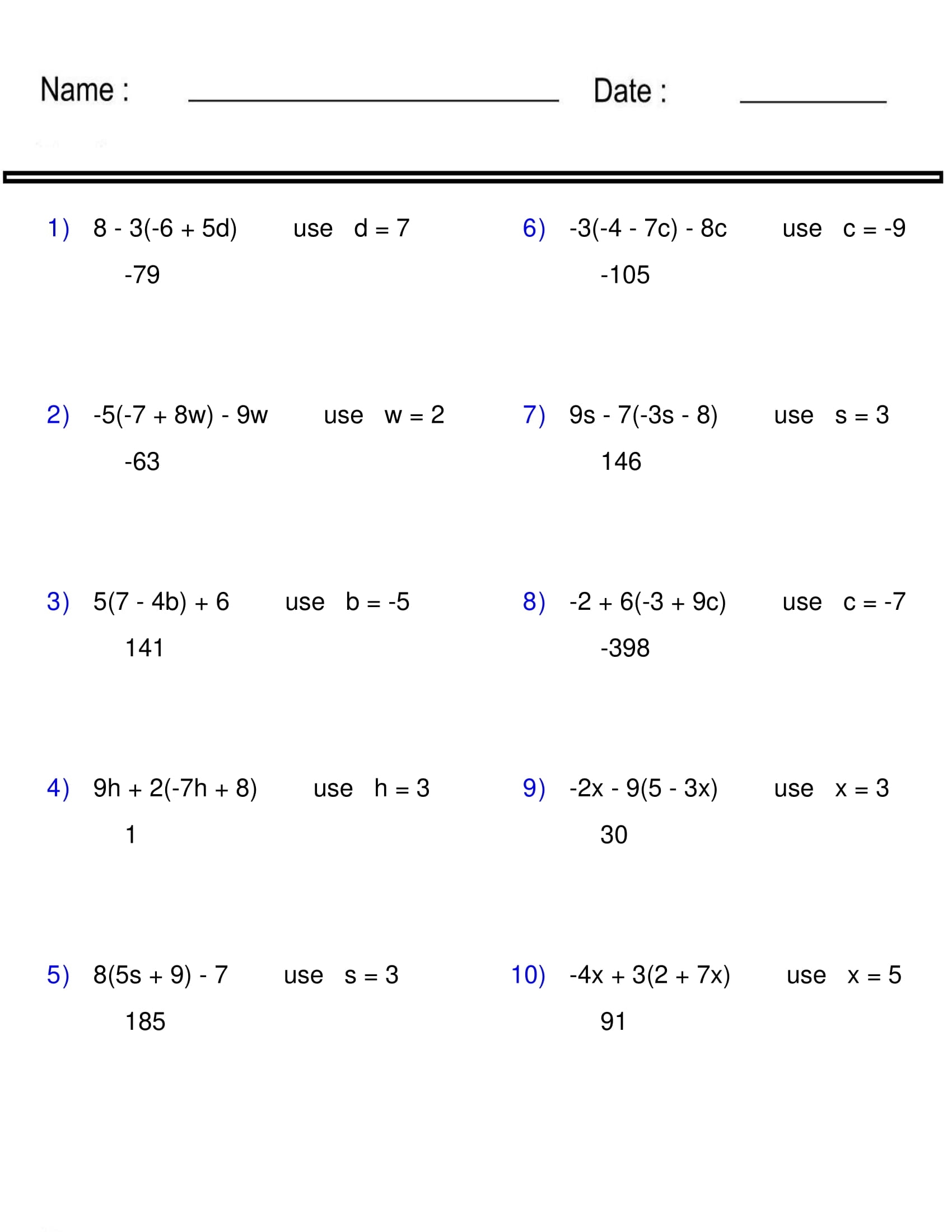 Evaluating Algebraic Expressions Worksheet One Variable Pre 