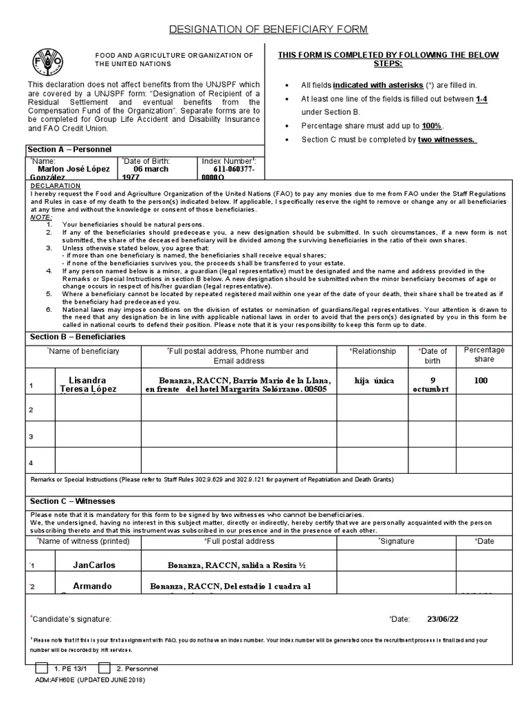 FAO Beneficiary Designation Form PDF Government Justice