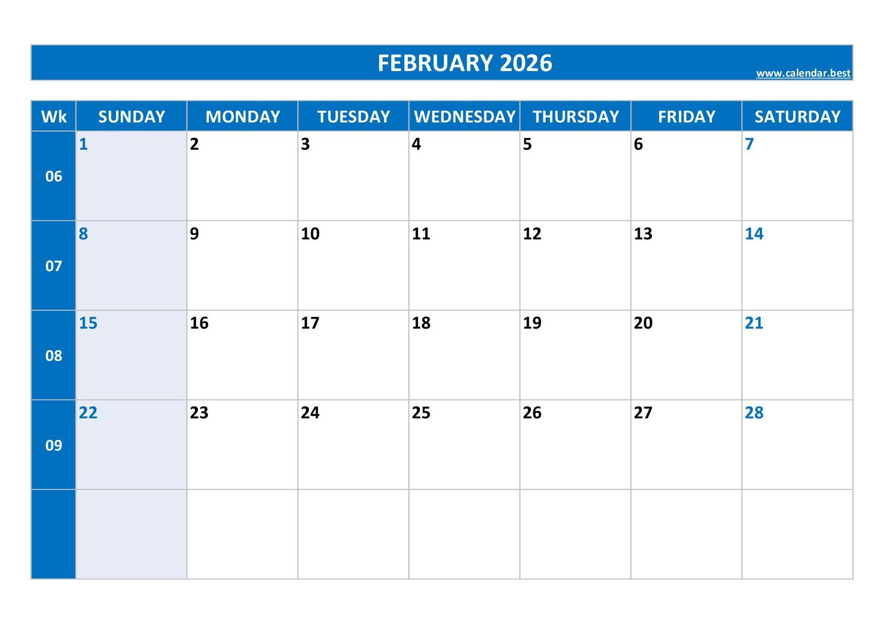 February Calendar 2026 Printable