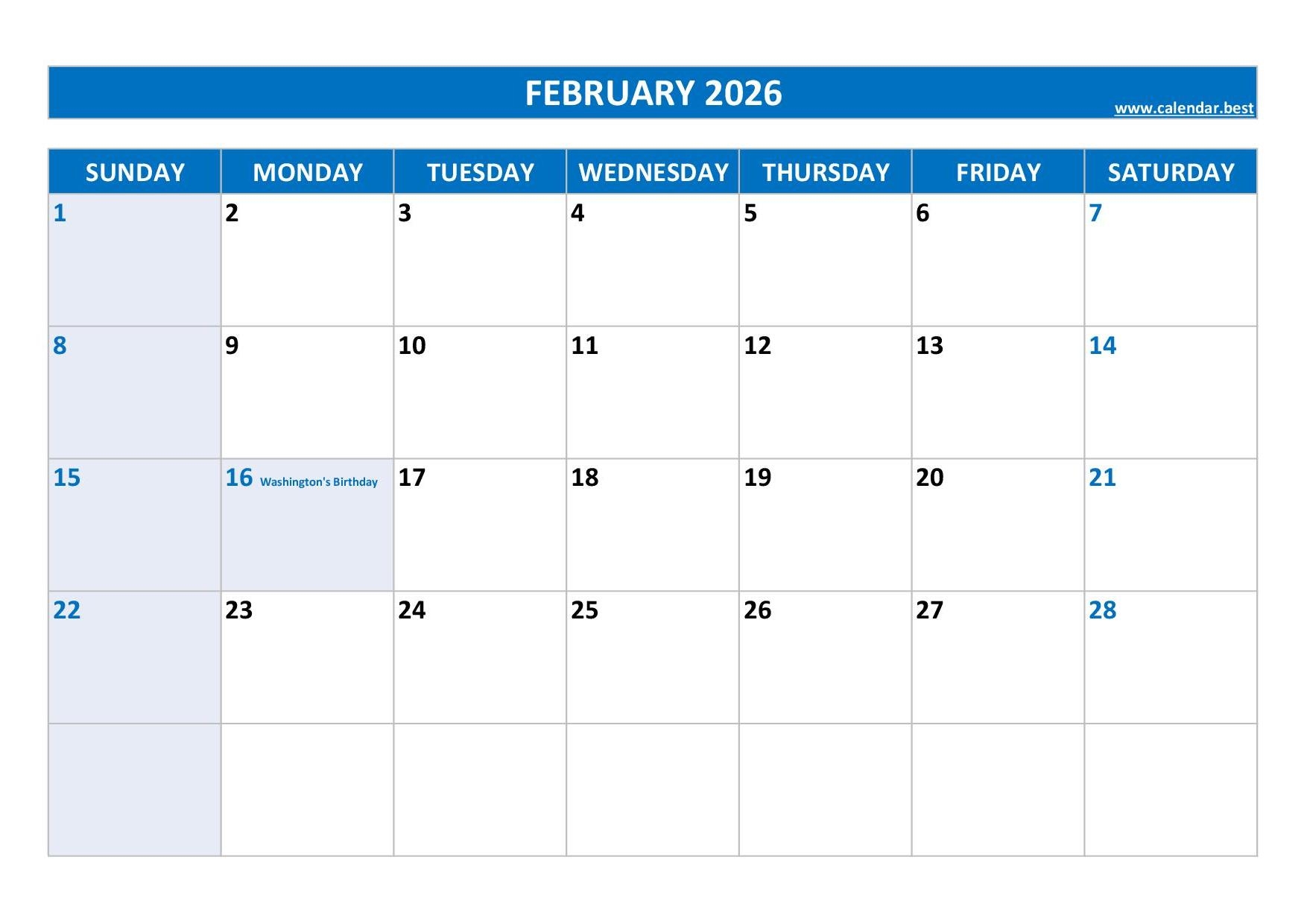 Blank Printable Calendar February 2026