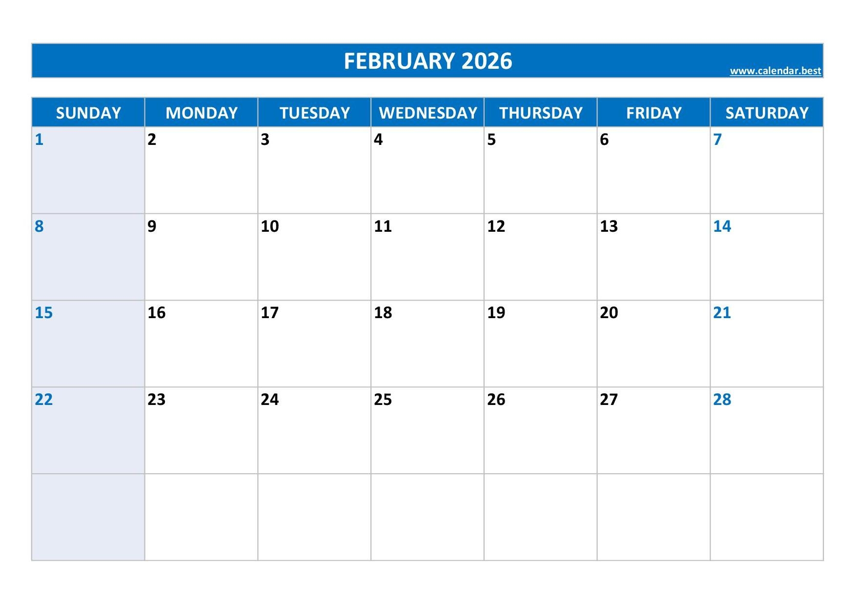 Printable Blank February 2026 Calendar