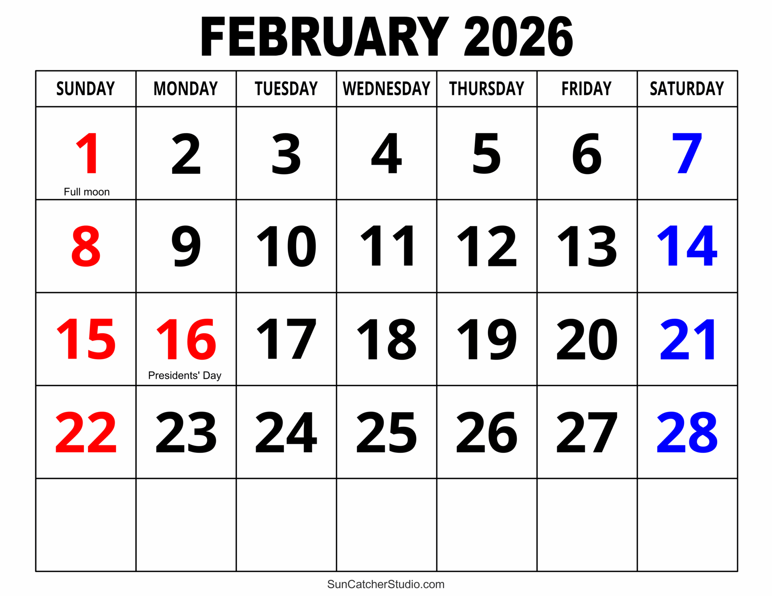 Free Printable February Calendar 2026