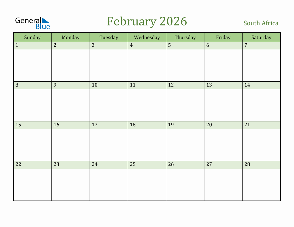 Fillable Holiday Calendar For South Africa February 2026