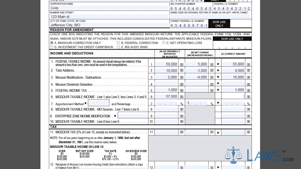 Form MO 1120X Amended Corporation Income Tax Return