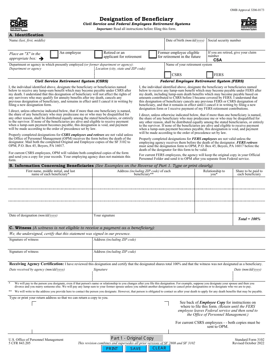 Form SF 3102 Download Fillable PDF Or Fill Online Designation Of 